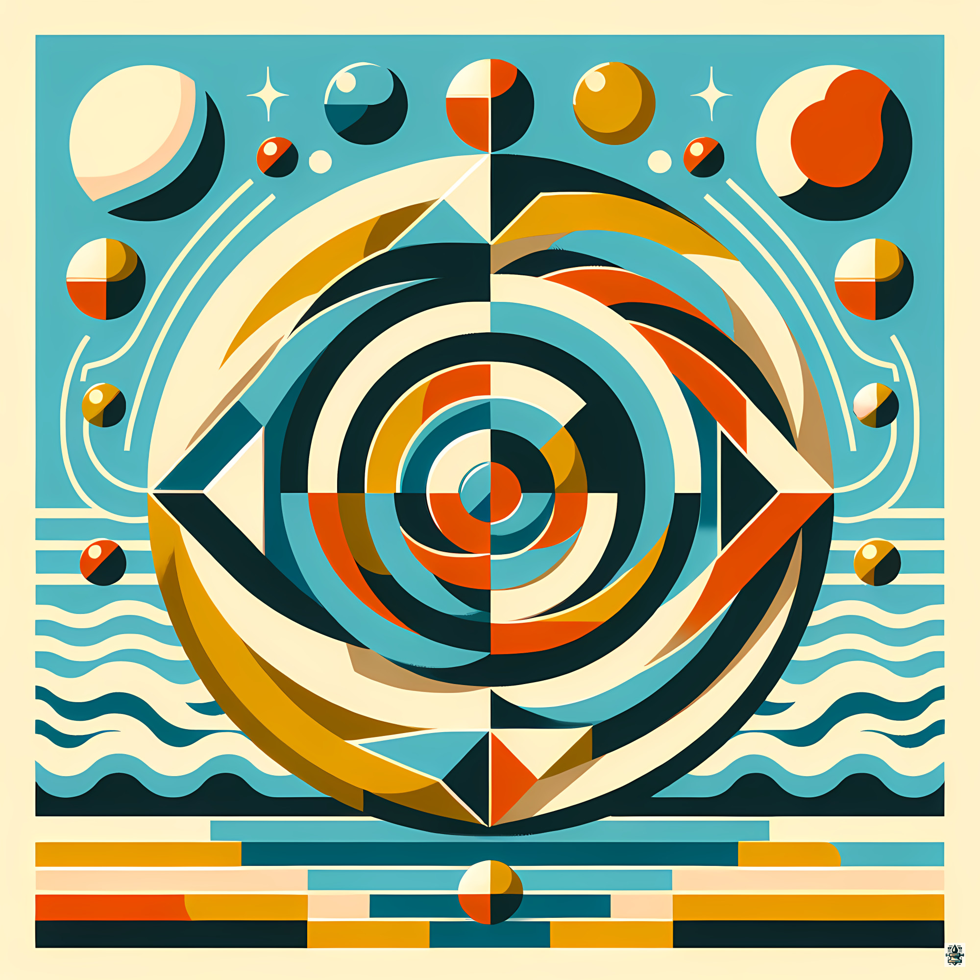 Geometric Spiral Eye in Teal and Ochre
