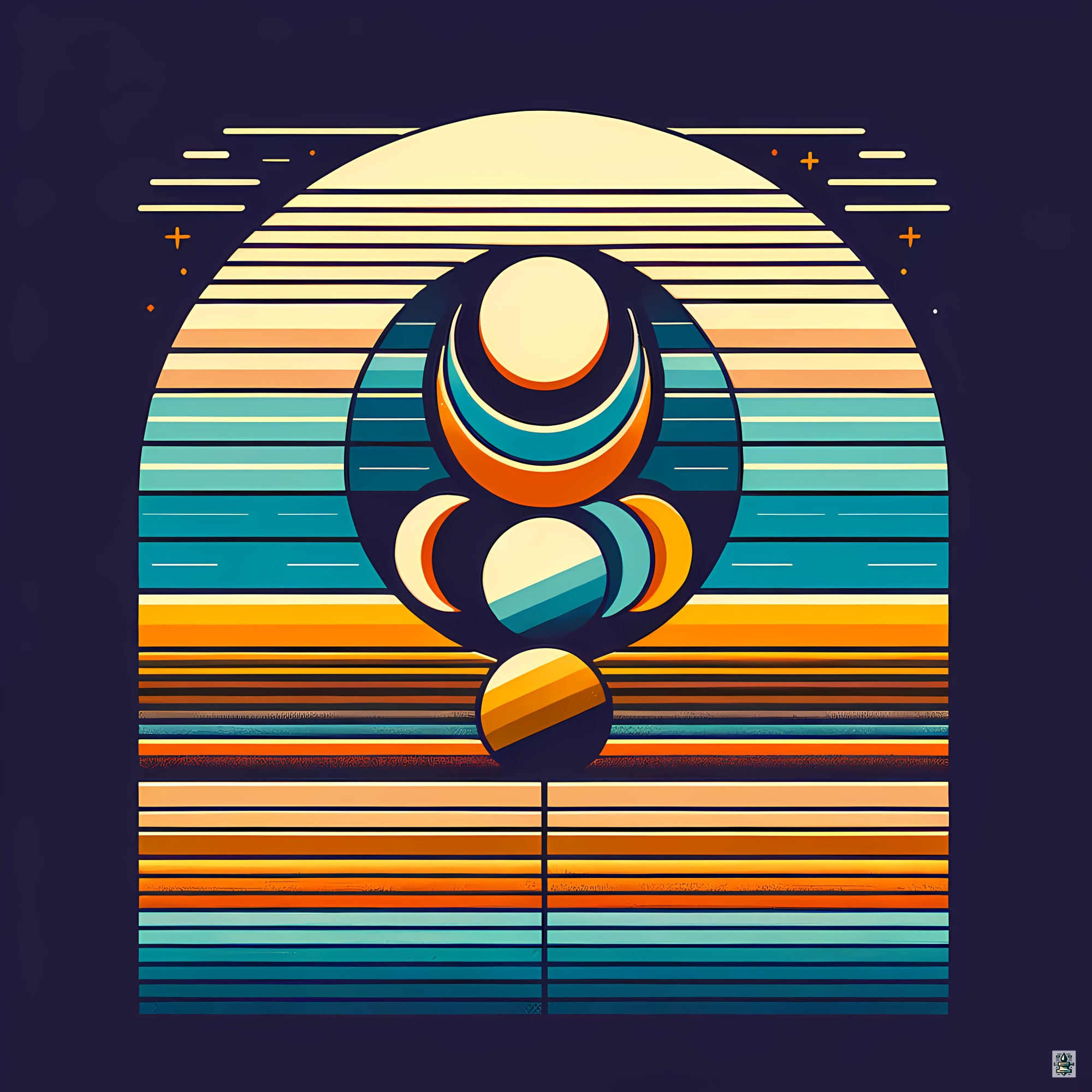 Geometric Moon Phases Over Retro Stripes