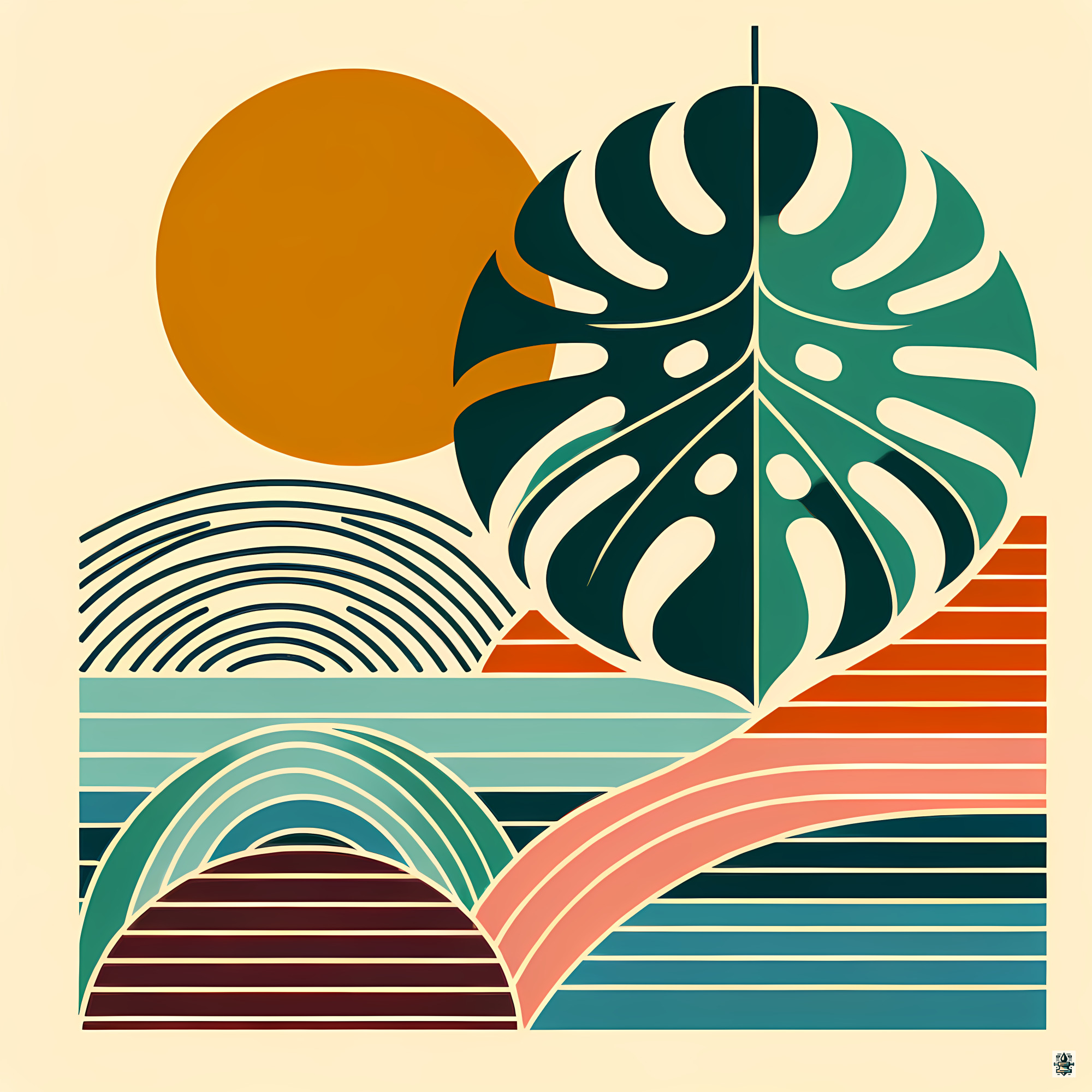 Abstract Monstera Leaf with Sun and Geometric Waves