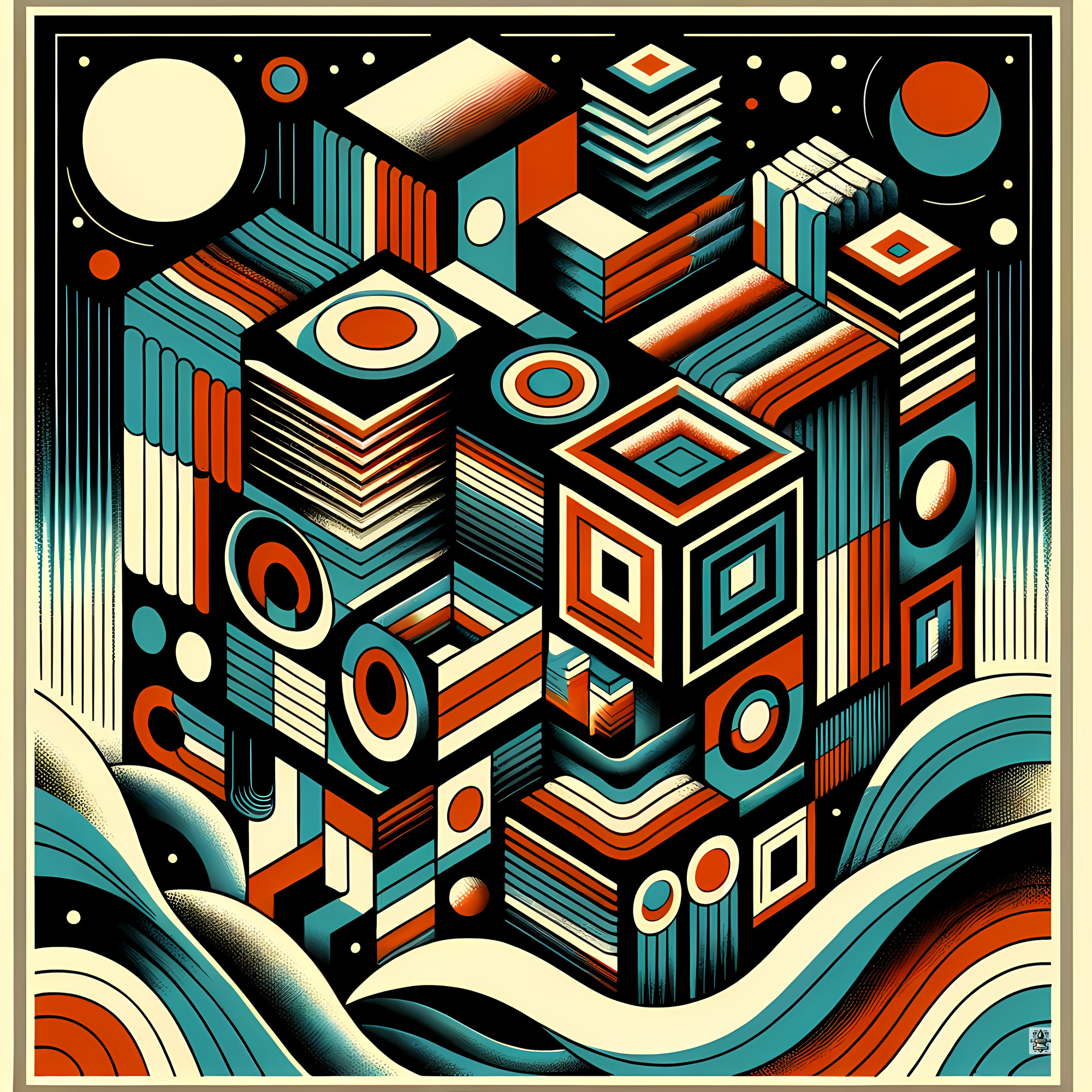Retro Geometric Space Cubes in Teal and Orange