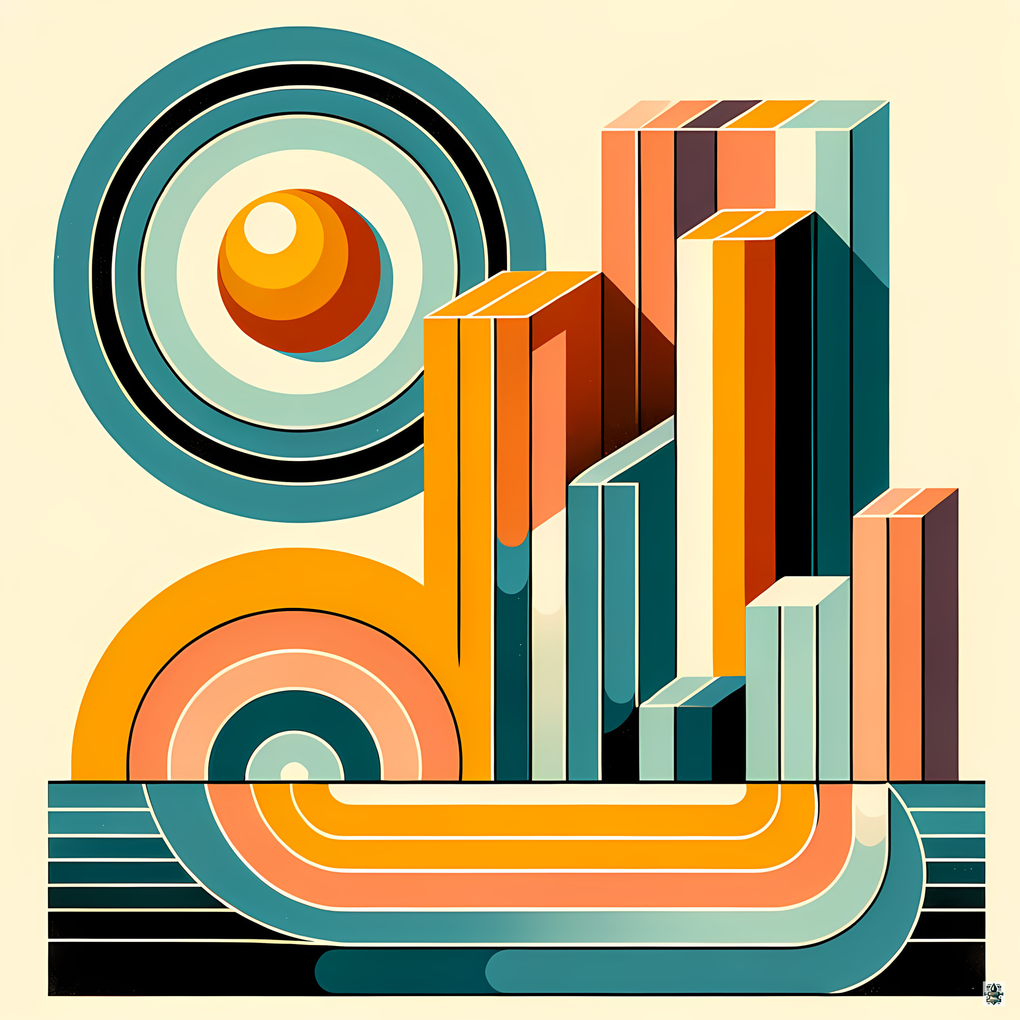 Retro Geometric Letter J in Teal and Orange