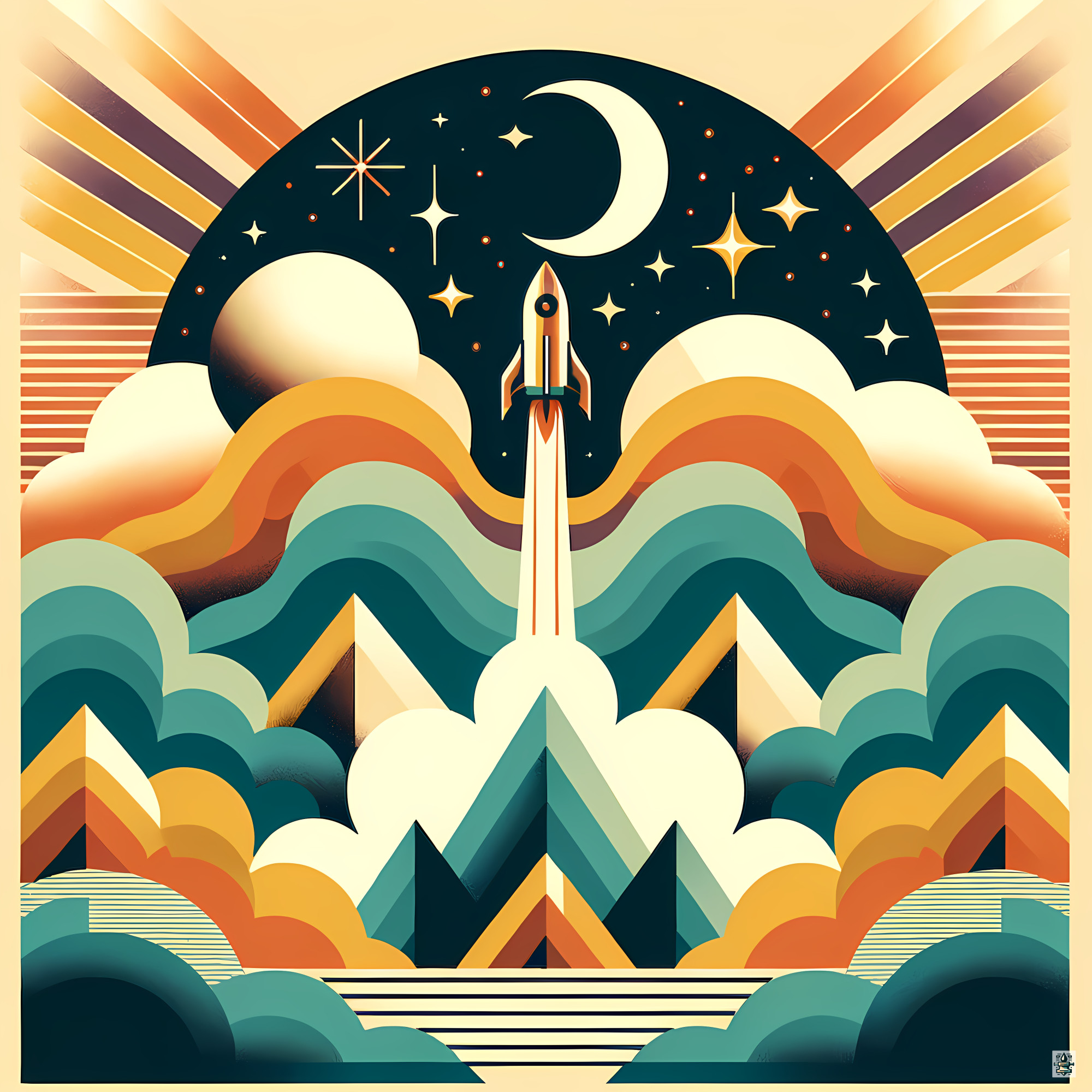 Retro Rocket Launch Over Mountains and Stars