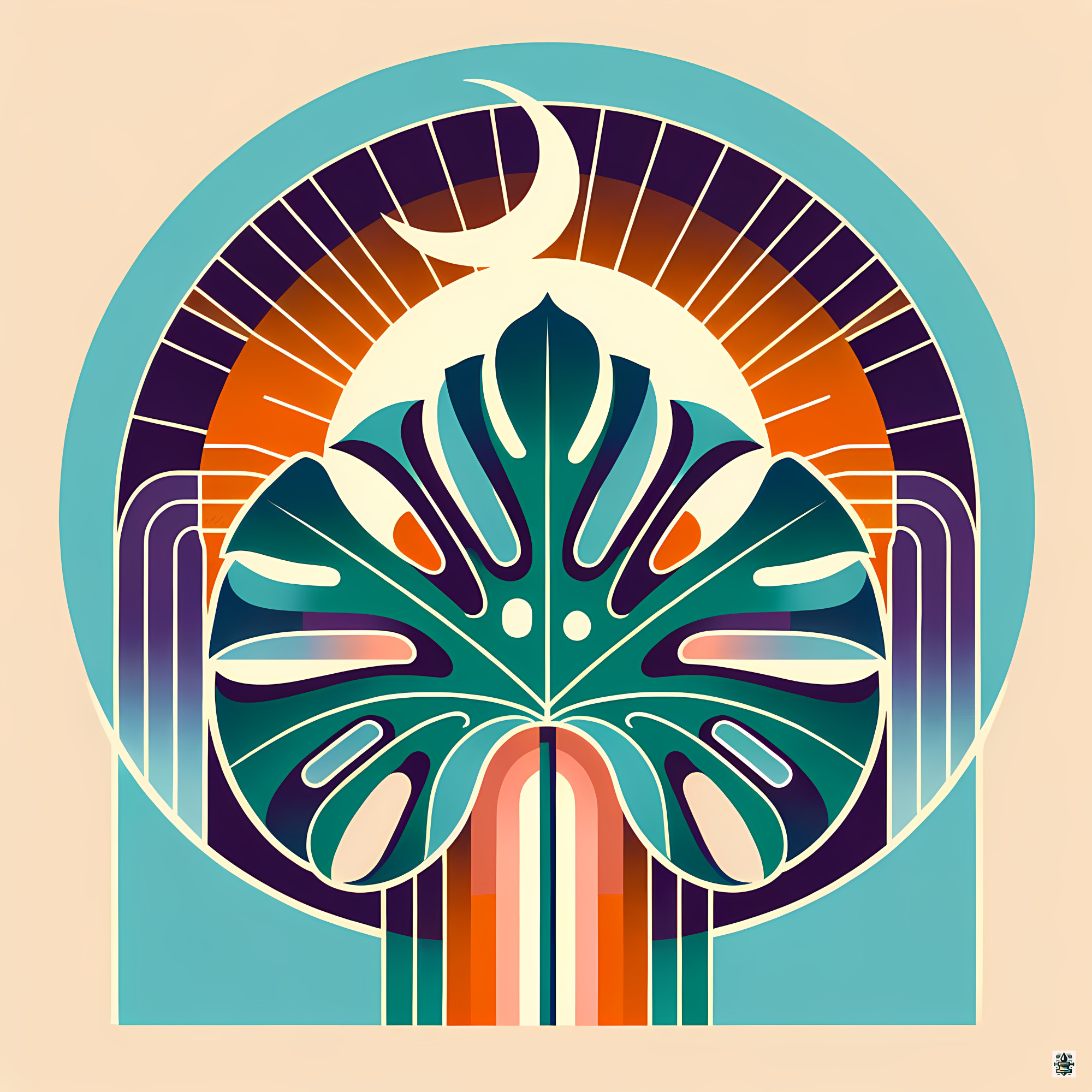 Geometric Monstera Leaf with Crescent Moon