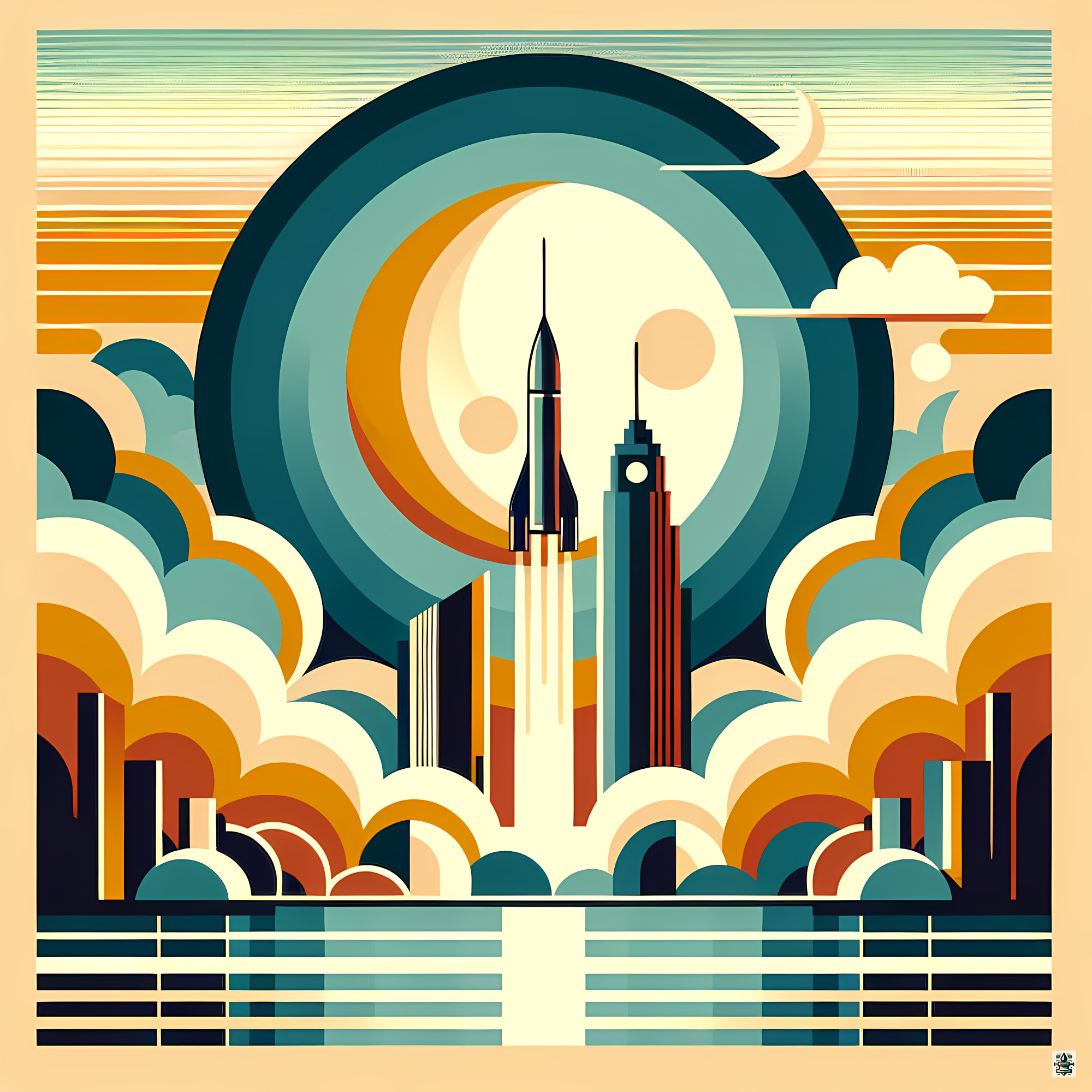Retro Rocket Launch Over Geometric City