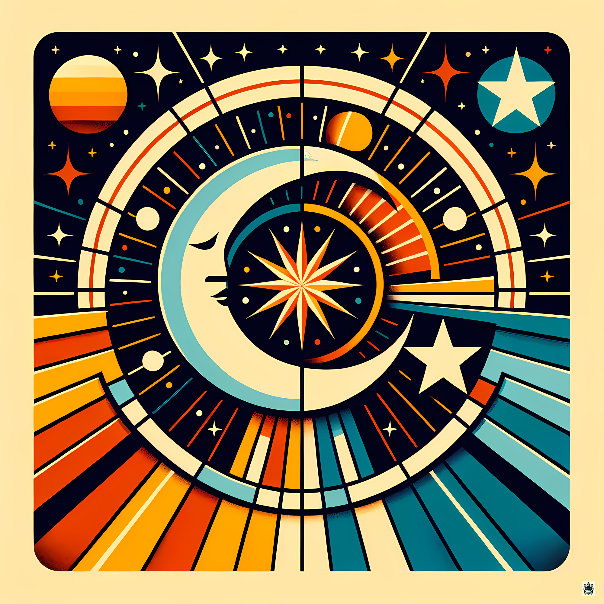 Geometric Celestial Moon and Starburst