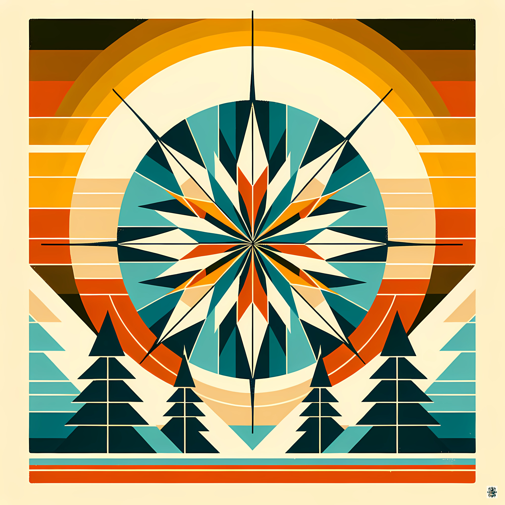 Geometric Snowflake Over Winter Pines