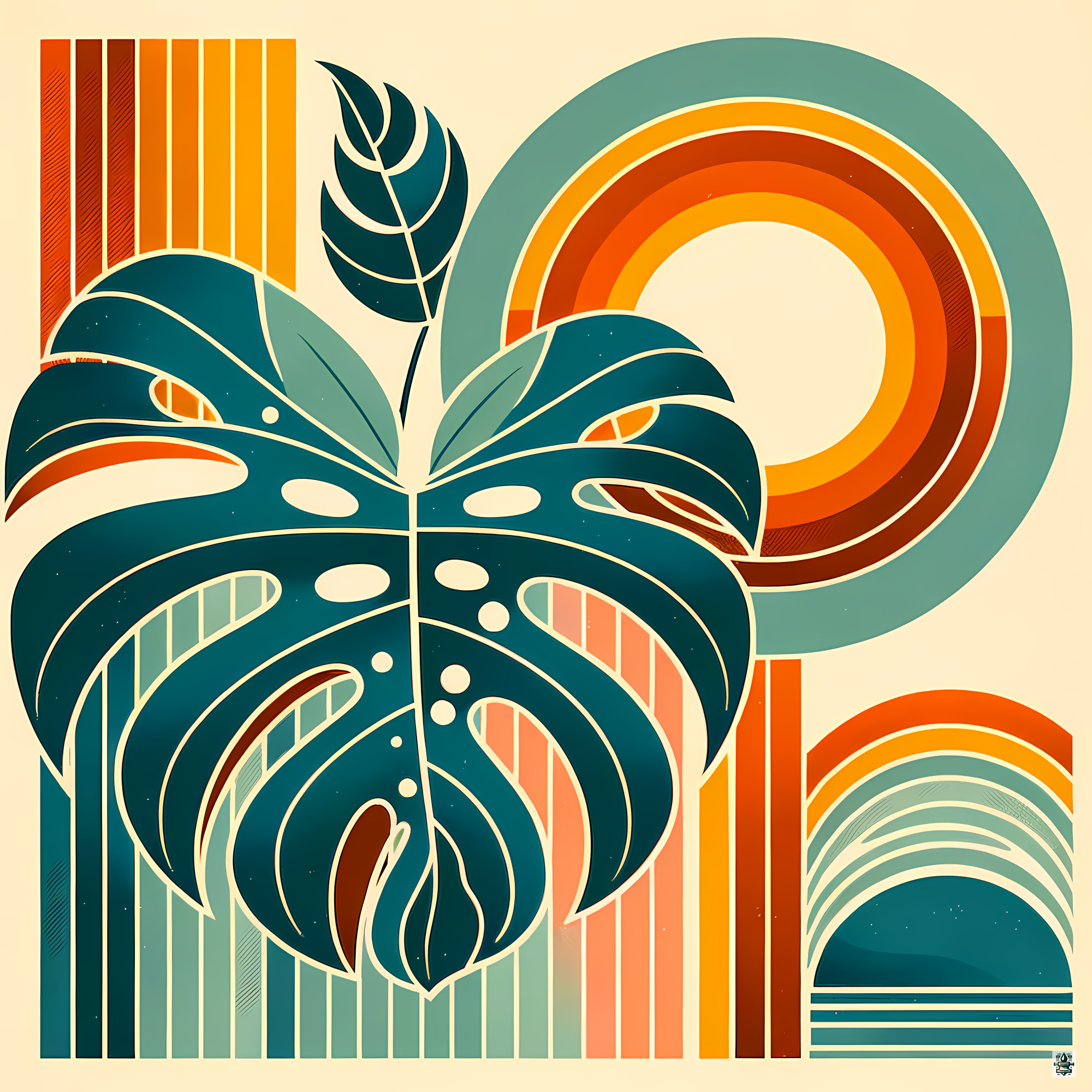 Geometric Monstera with Retro Sun Arches