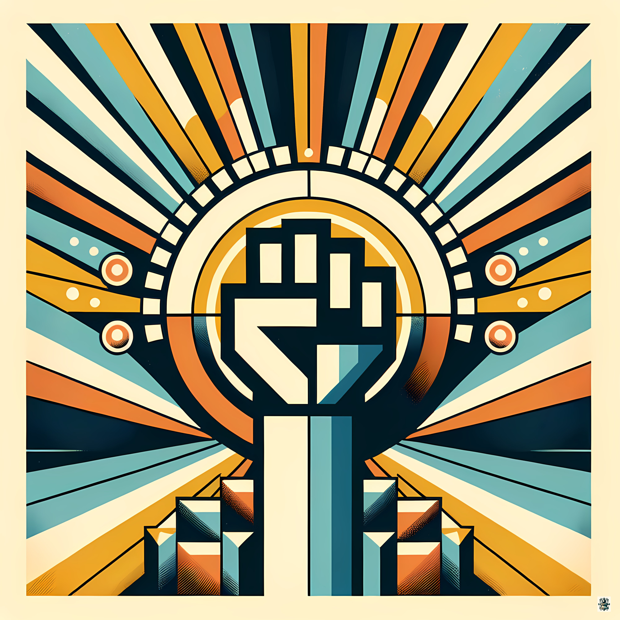 Raised Fist with Retro Geometric Sunburst