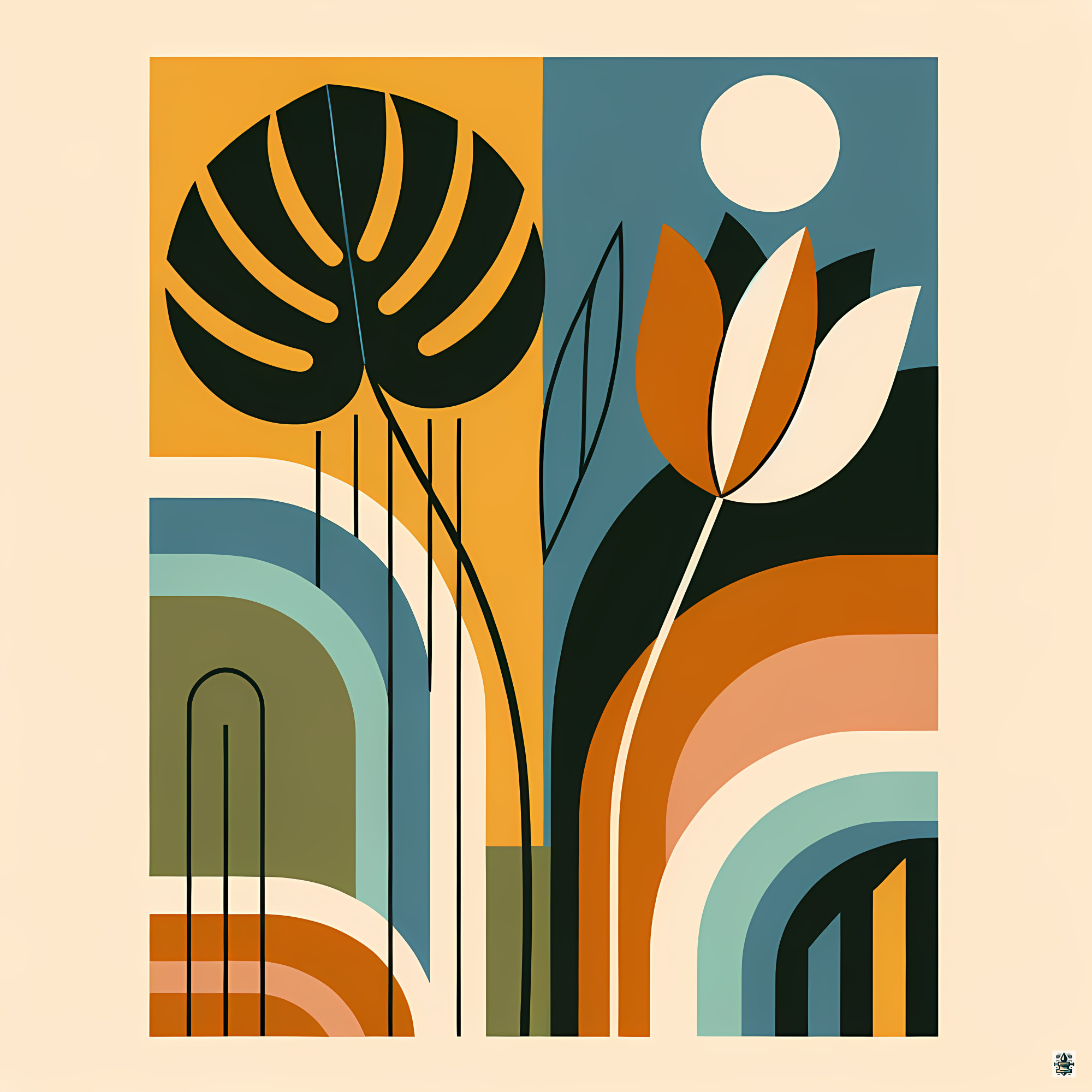 Abstract Botanical Leaves with Arches and Moon