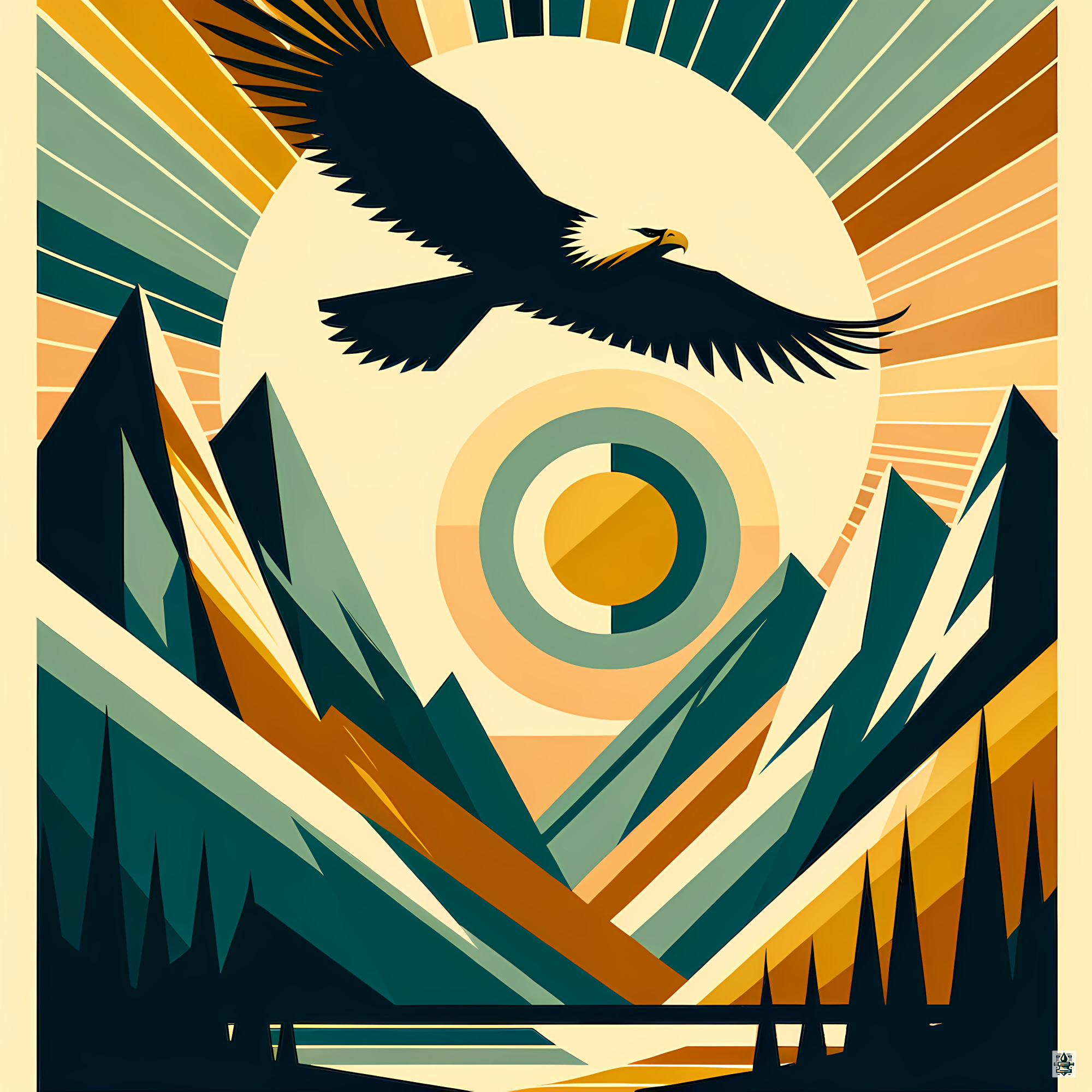 Geometric Eagle Over Mountain Sunrise