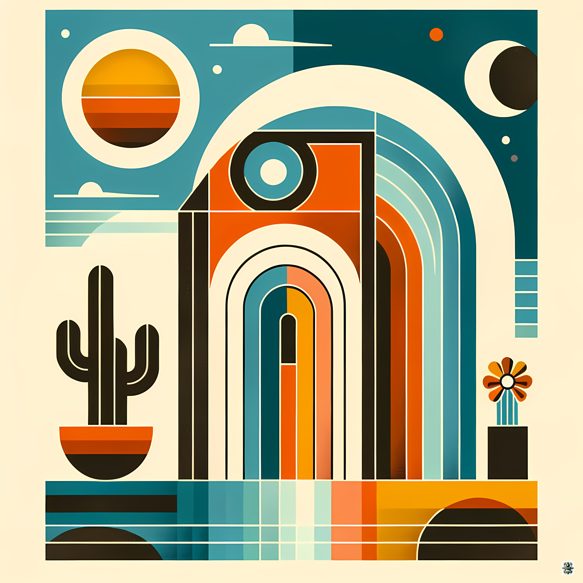 Retro Desert Arches with Cactus and Celestial Shapes