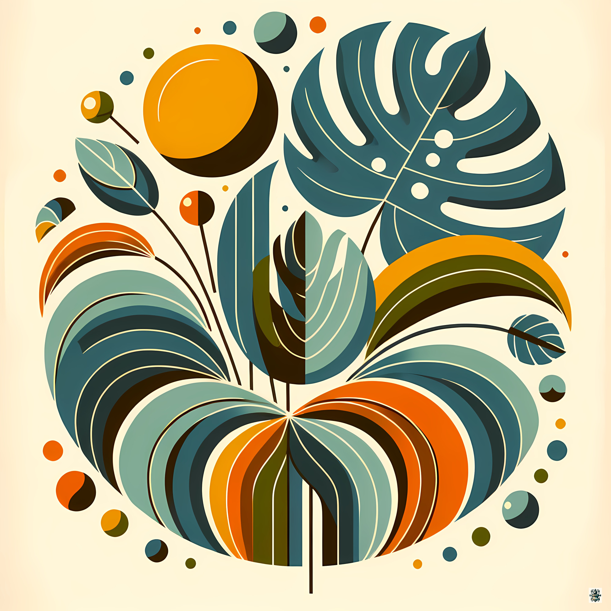 Stylised Botanical Leaves in Teal and Orange