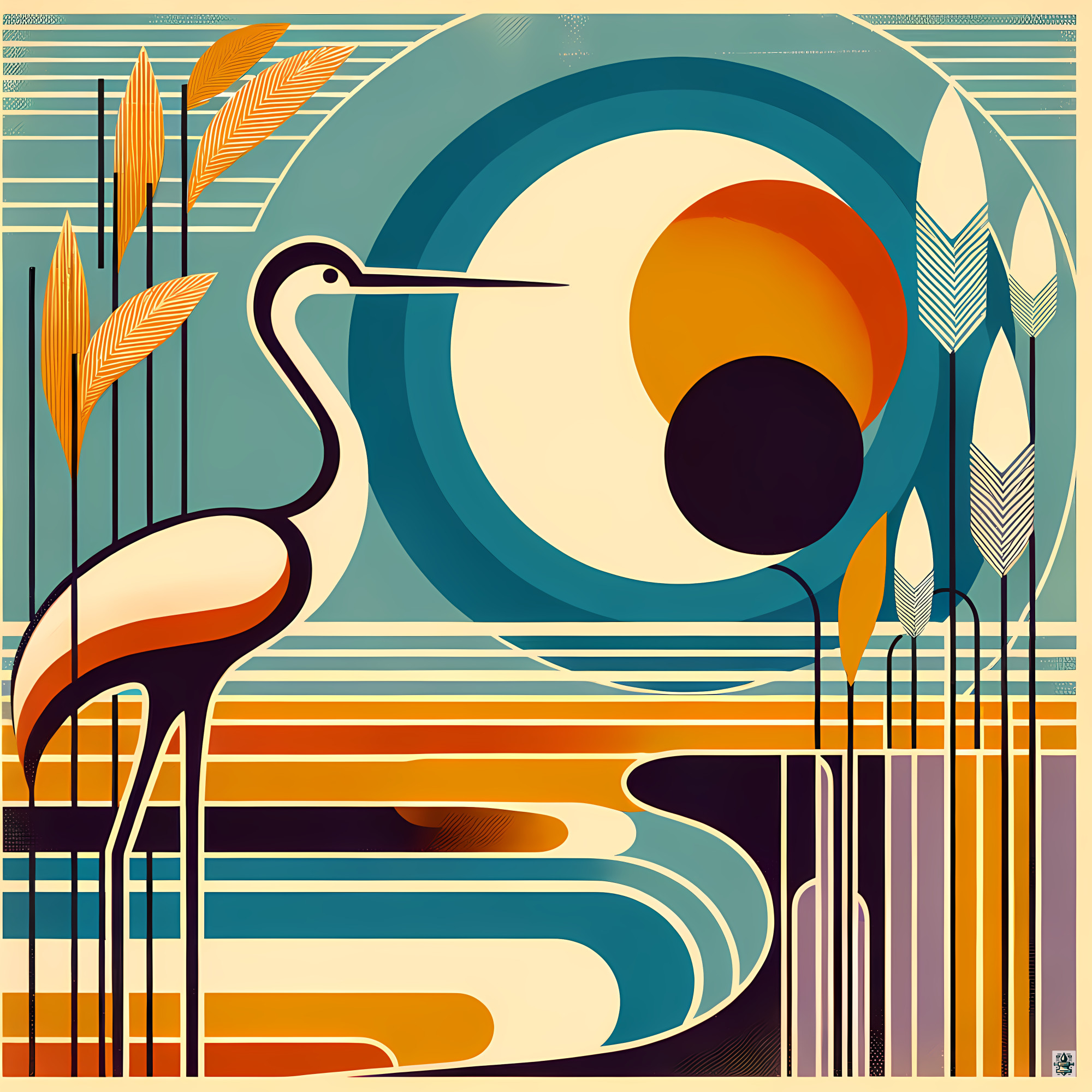 Stylised Heron with Teal Sun and Reeds