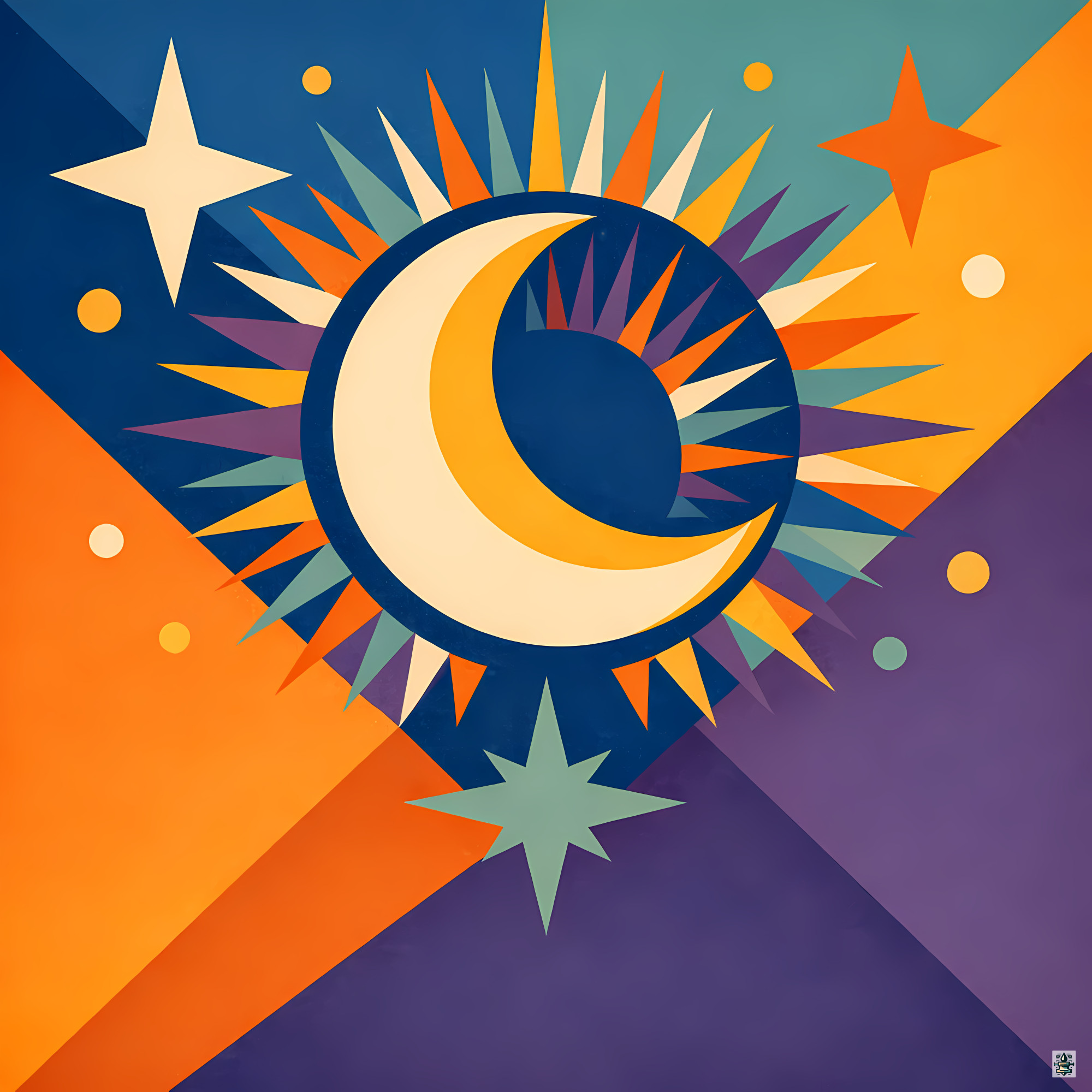 Geometric Crescent Moon with Colourful Starburst
