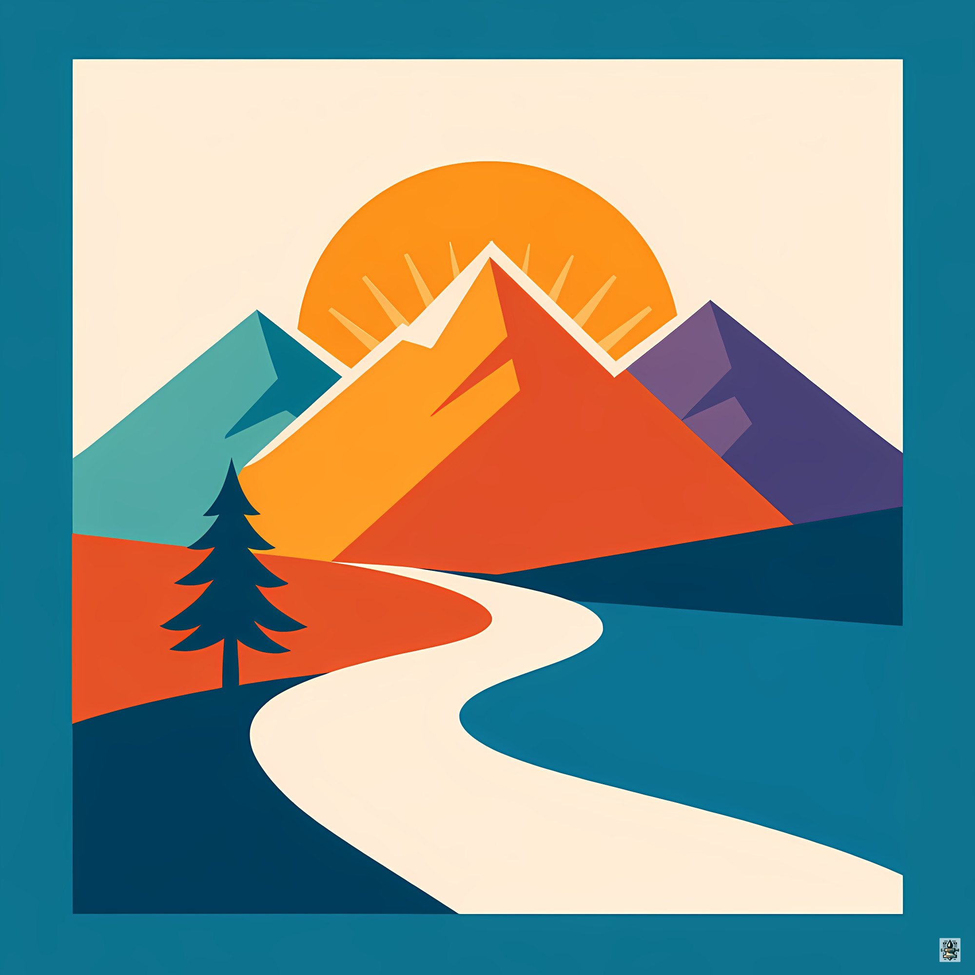 Geometric Mountain Sunrise with Winding River