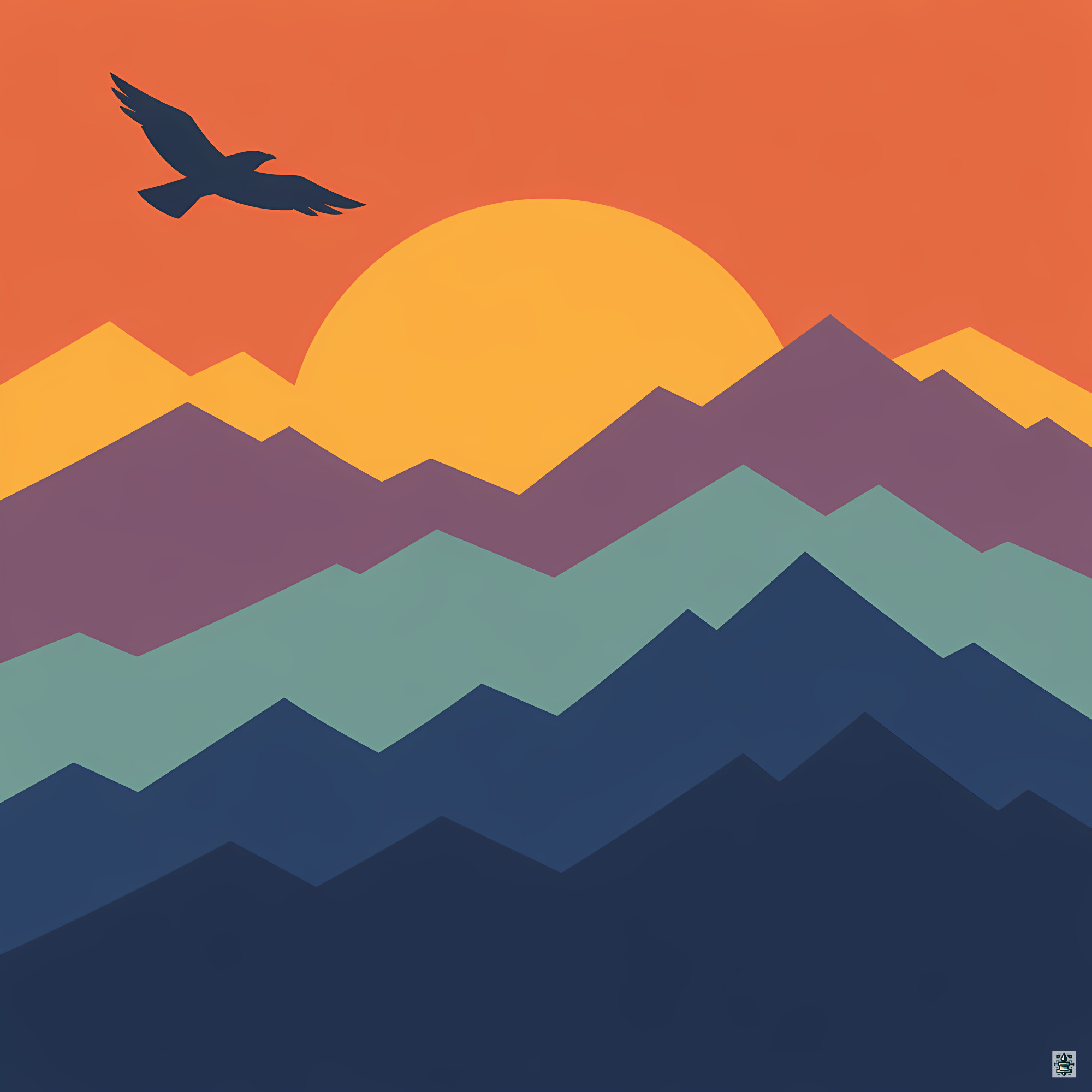 Geometric Mountain Sunset with Flying Bird
