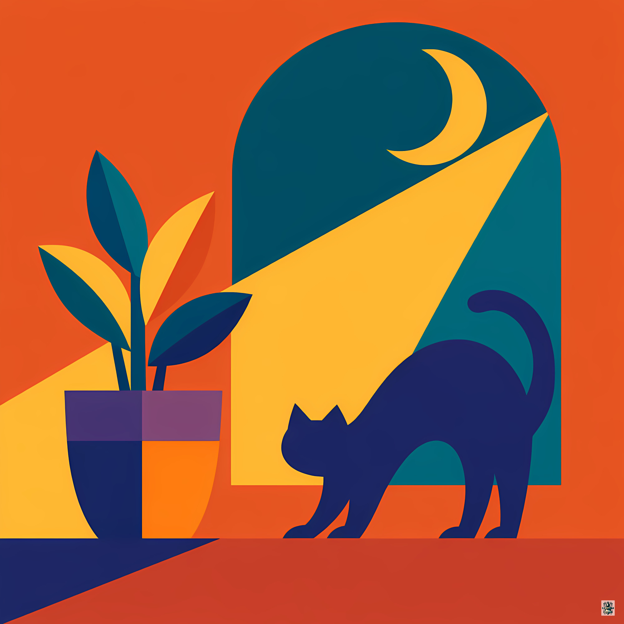 Stretching Cat by a Moonlit Window