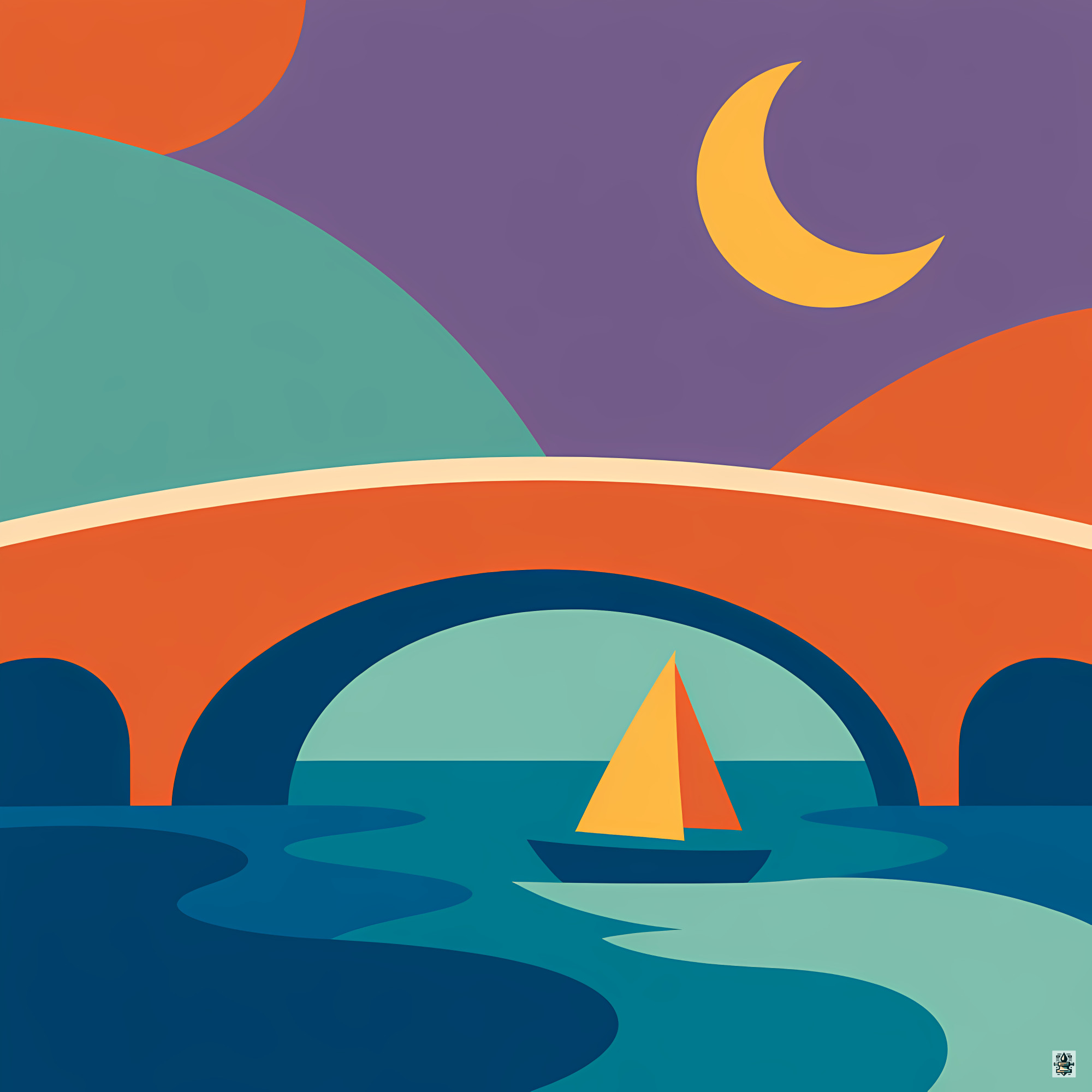 Crescent Moon Sailboat Under an Arched Bridge