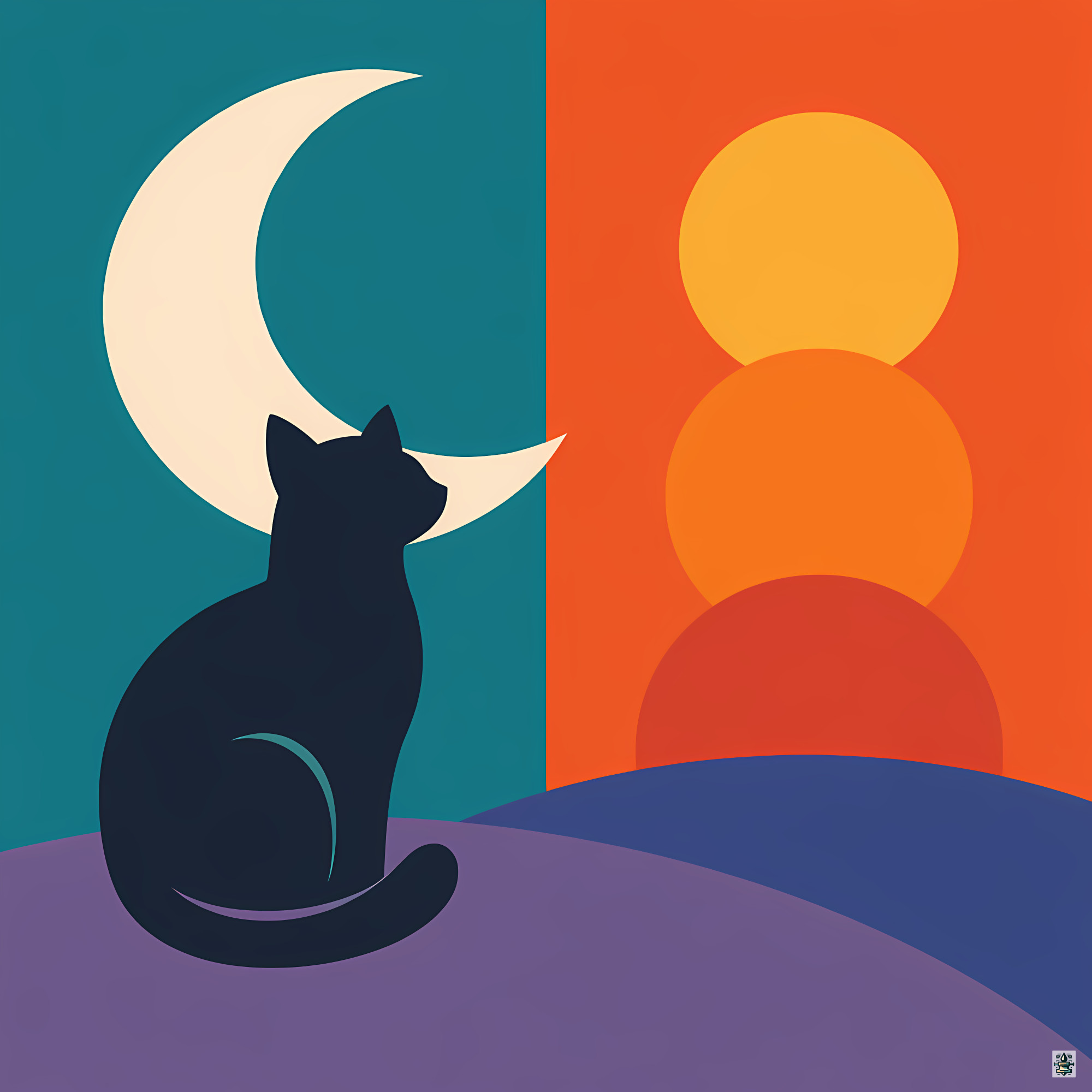 Cat Silhouette with Crescent Moon and Sunset Forms