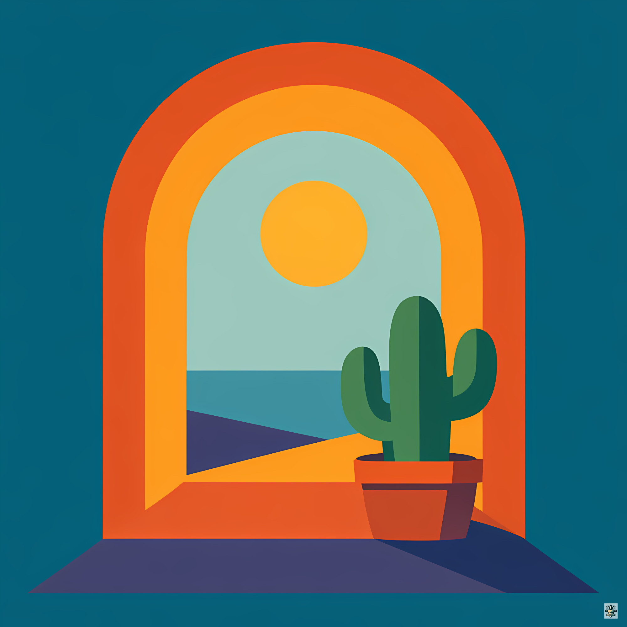 Minimal Desert Arch with Potted Cactus and Sun