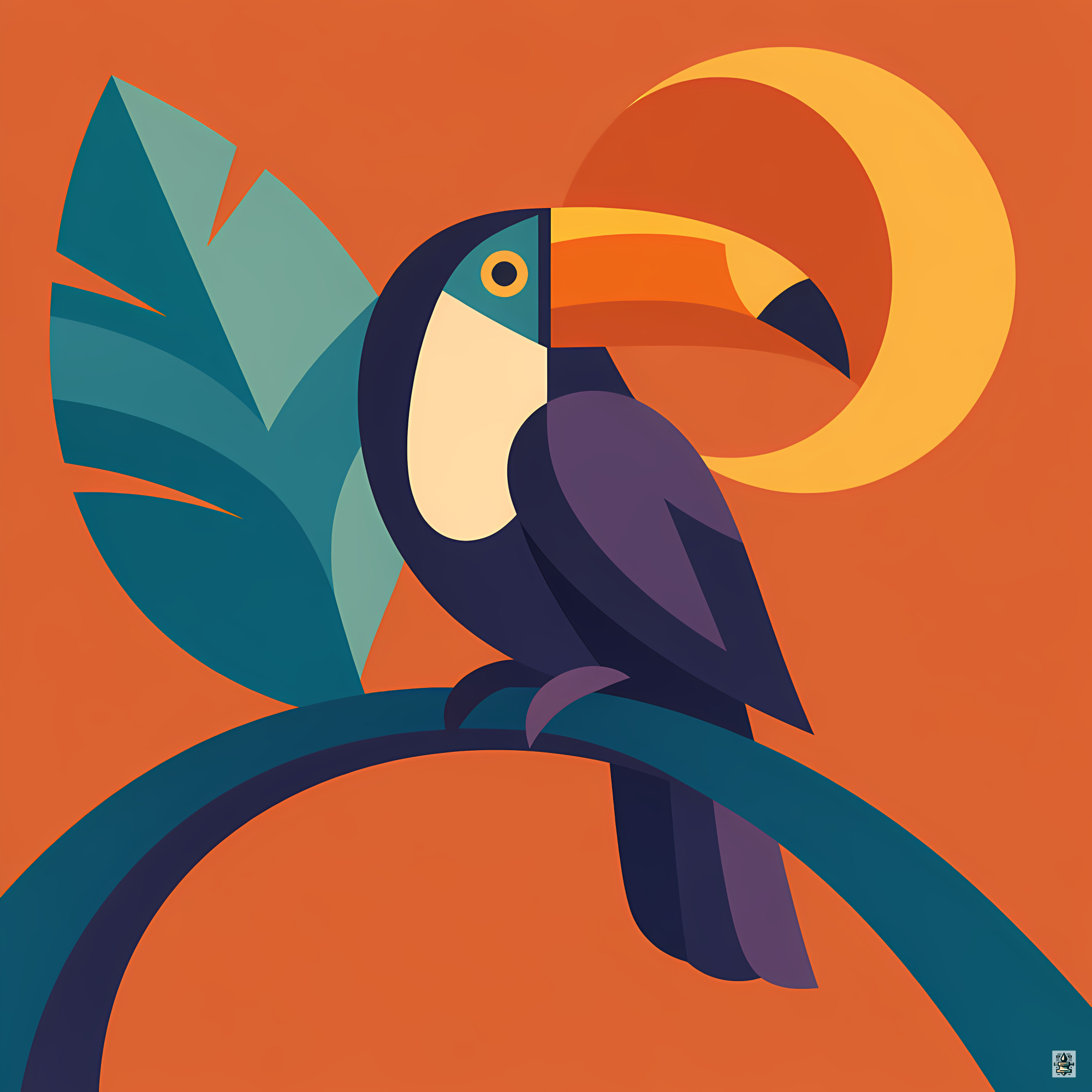 Geometric Colour Block Toucan with Tropical Leaves