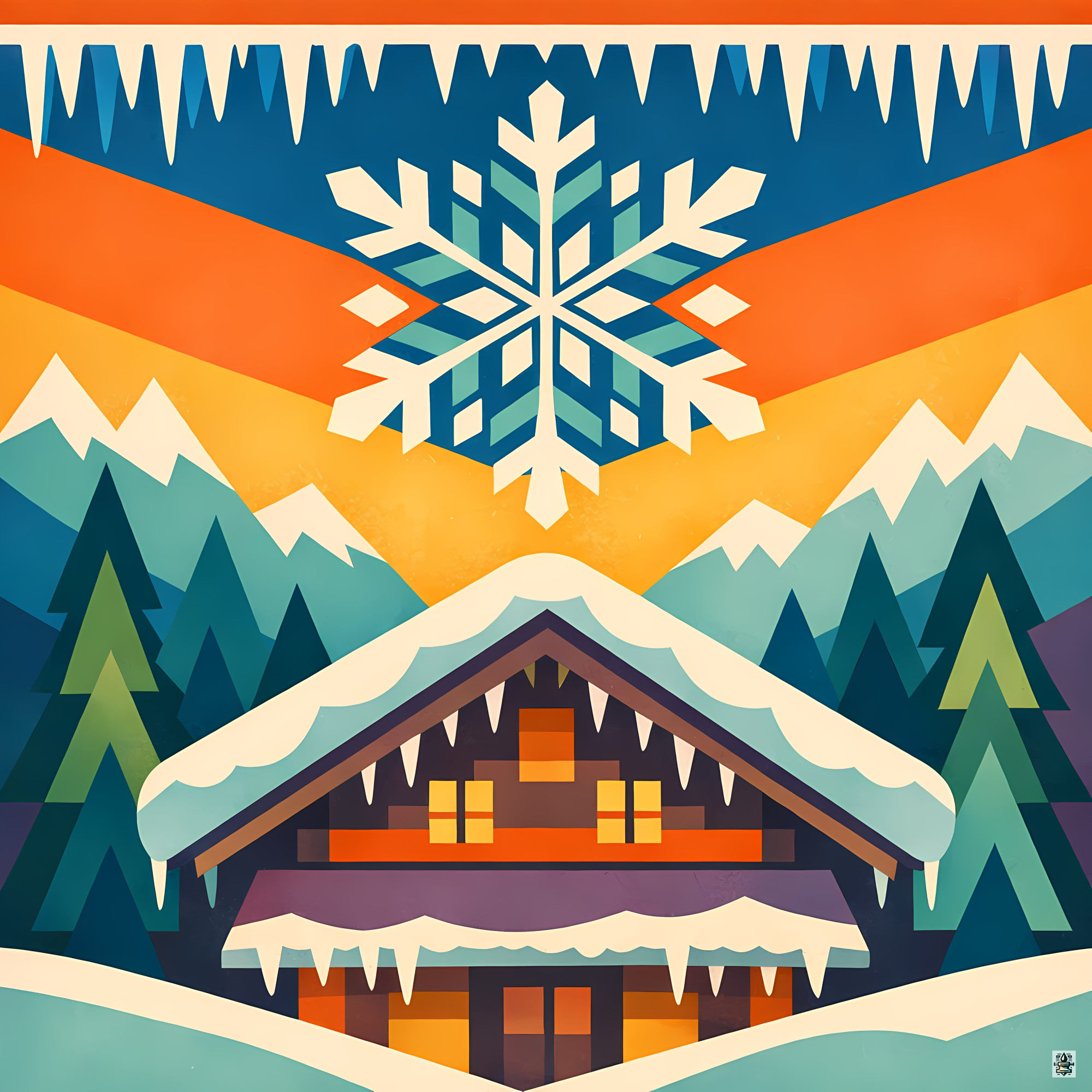 Nordic Snowflake Chalet with Winter Mountains