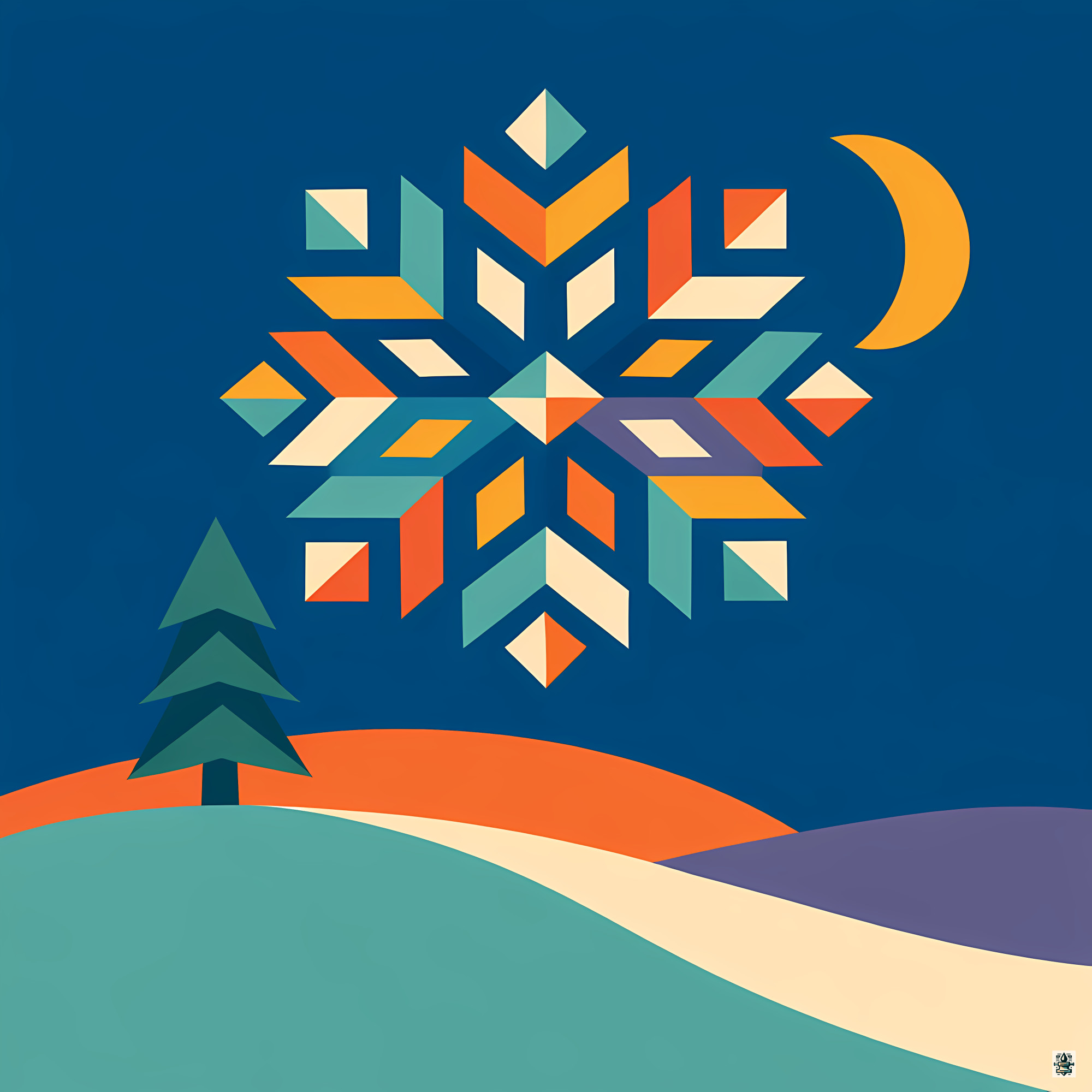Geometric Snowflake Over Winter Hills