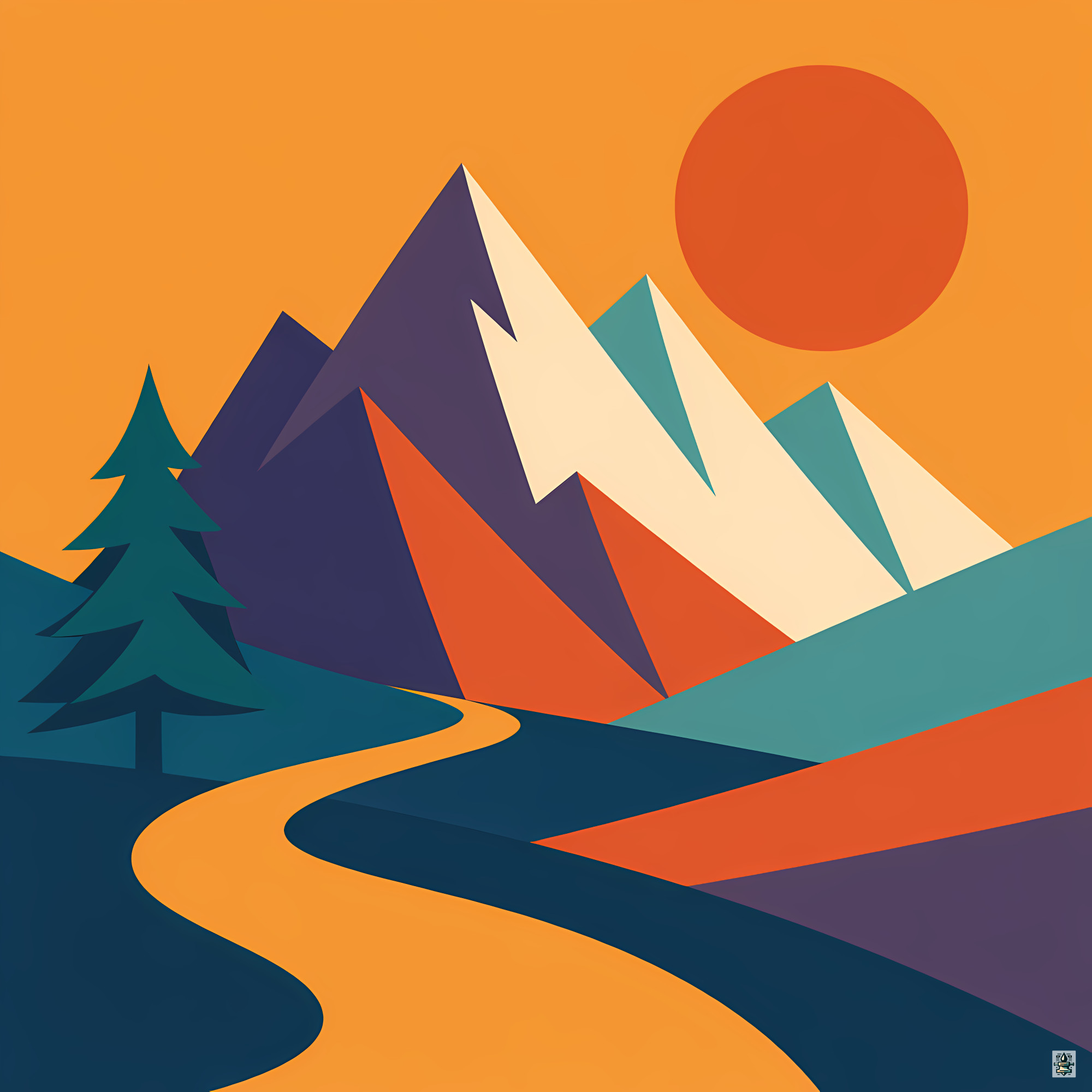 Geometric Mountain Peaks with Sun and Winding River