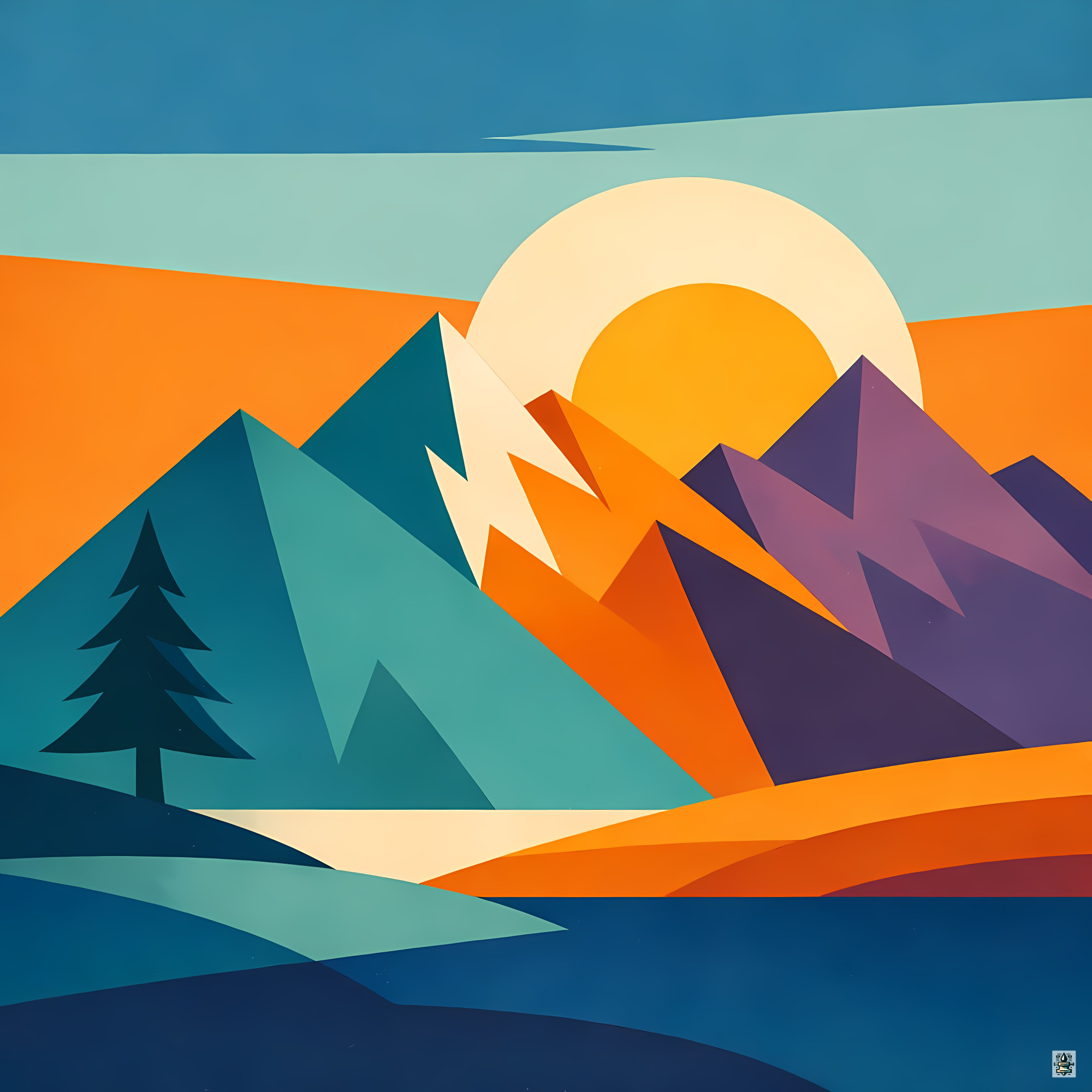 Geometric Mountain Sunset Landscape