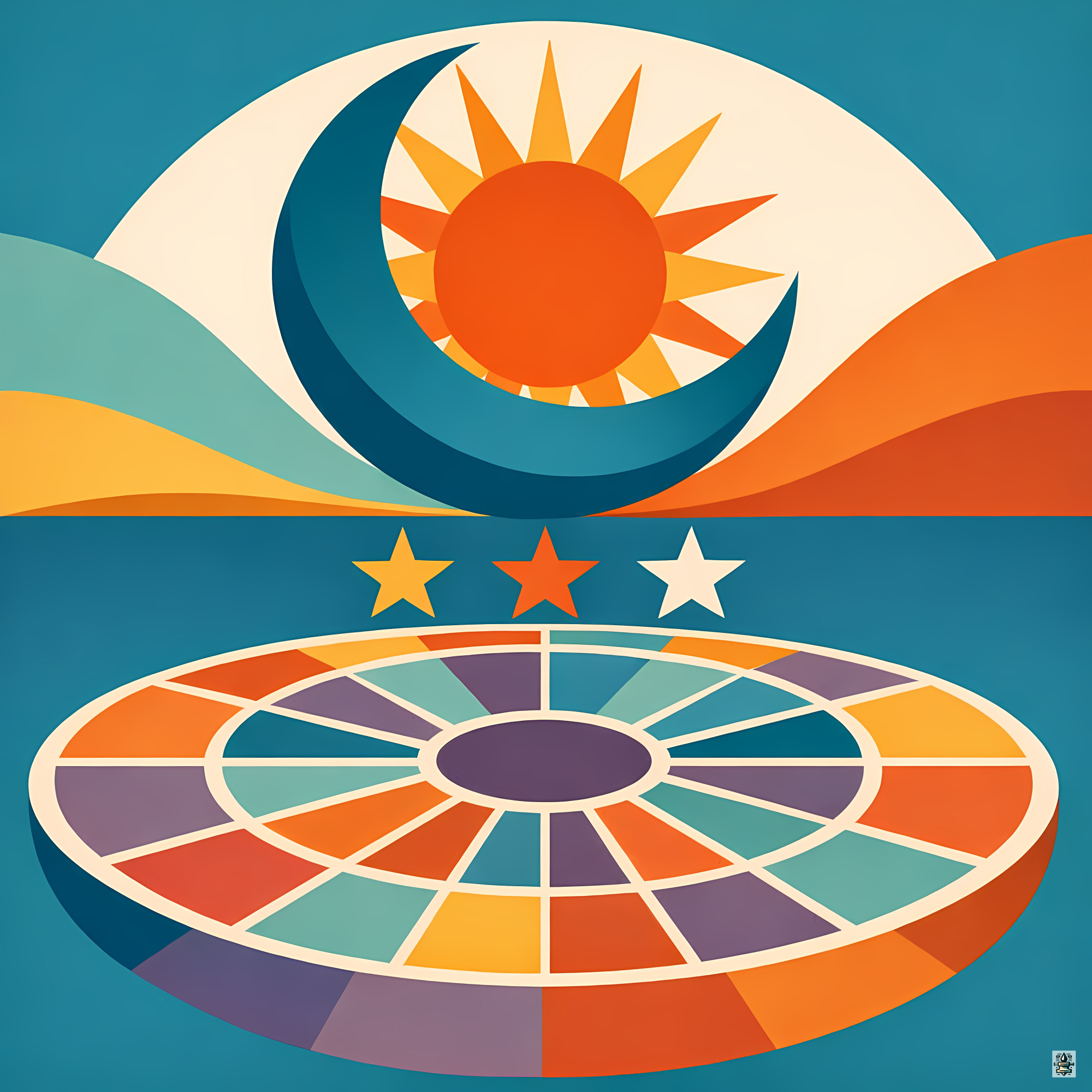 Sun, Crescent Moon and Stars over Cosmic Wheel