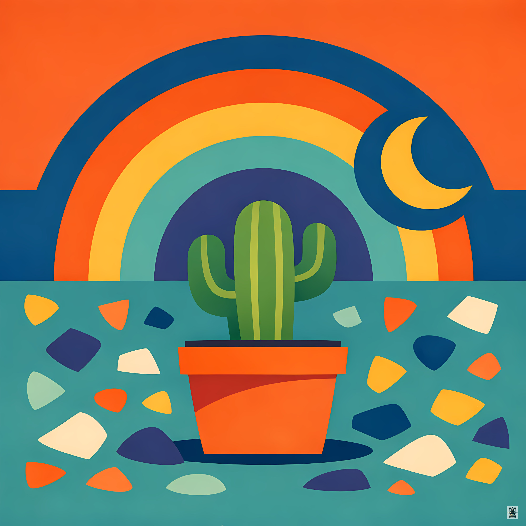 Potted Cactus with Rainbow Moon and Terrazzo Shapes