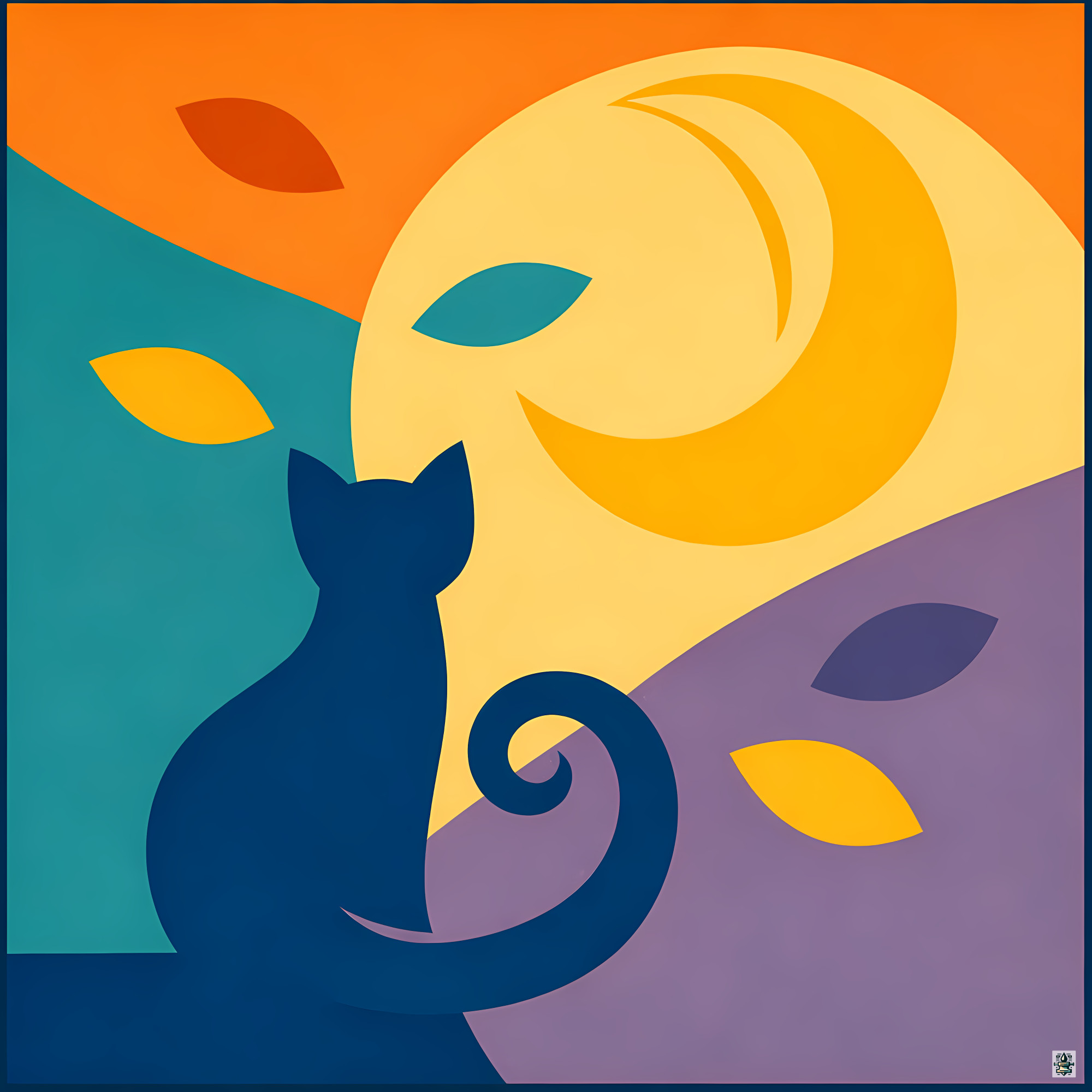 Moonlit Cat in Wavy Abstract Landscape