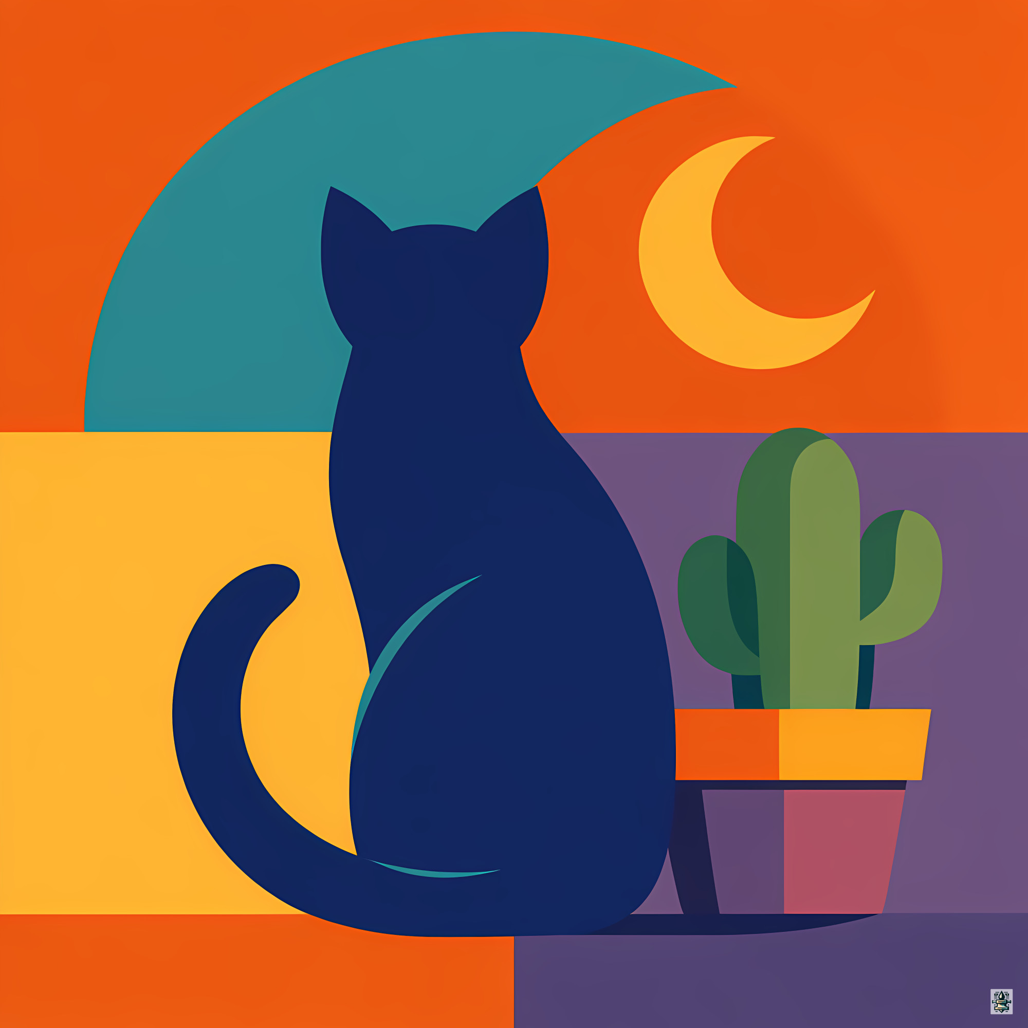 Navy Cat with Cactus and Crescent Moon