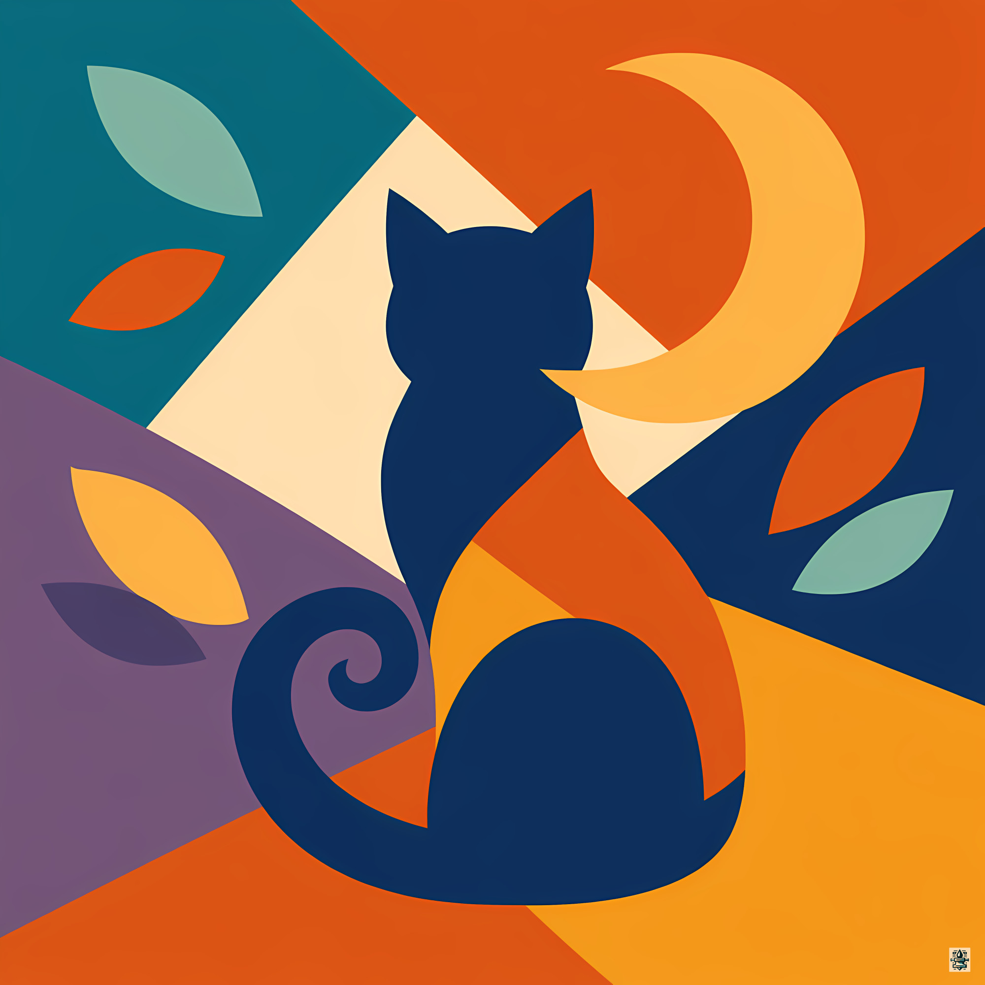 Colour Block Night Cat with Crescent Moon