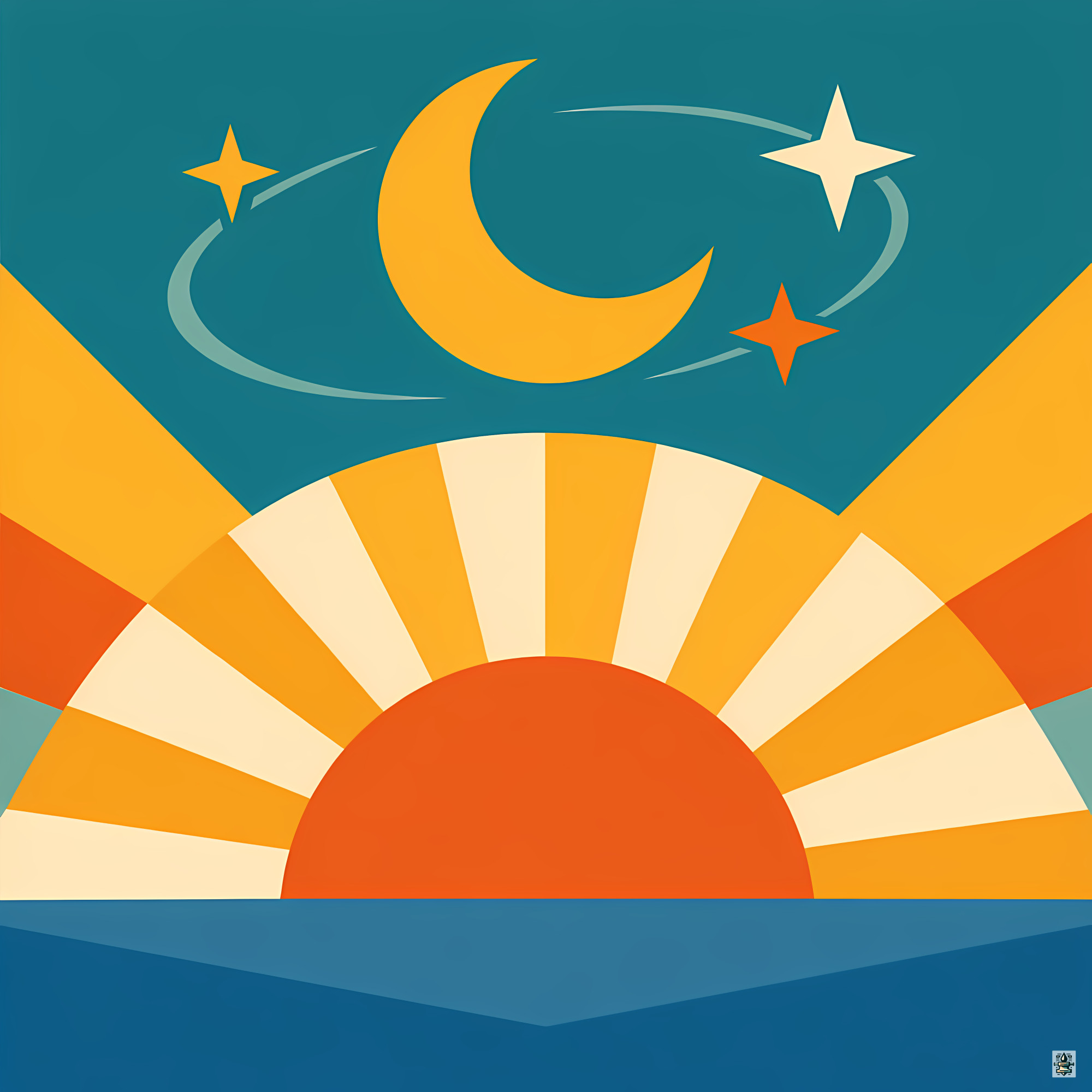 Sun and Moon Horizon with Stars and Rays