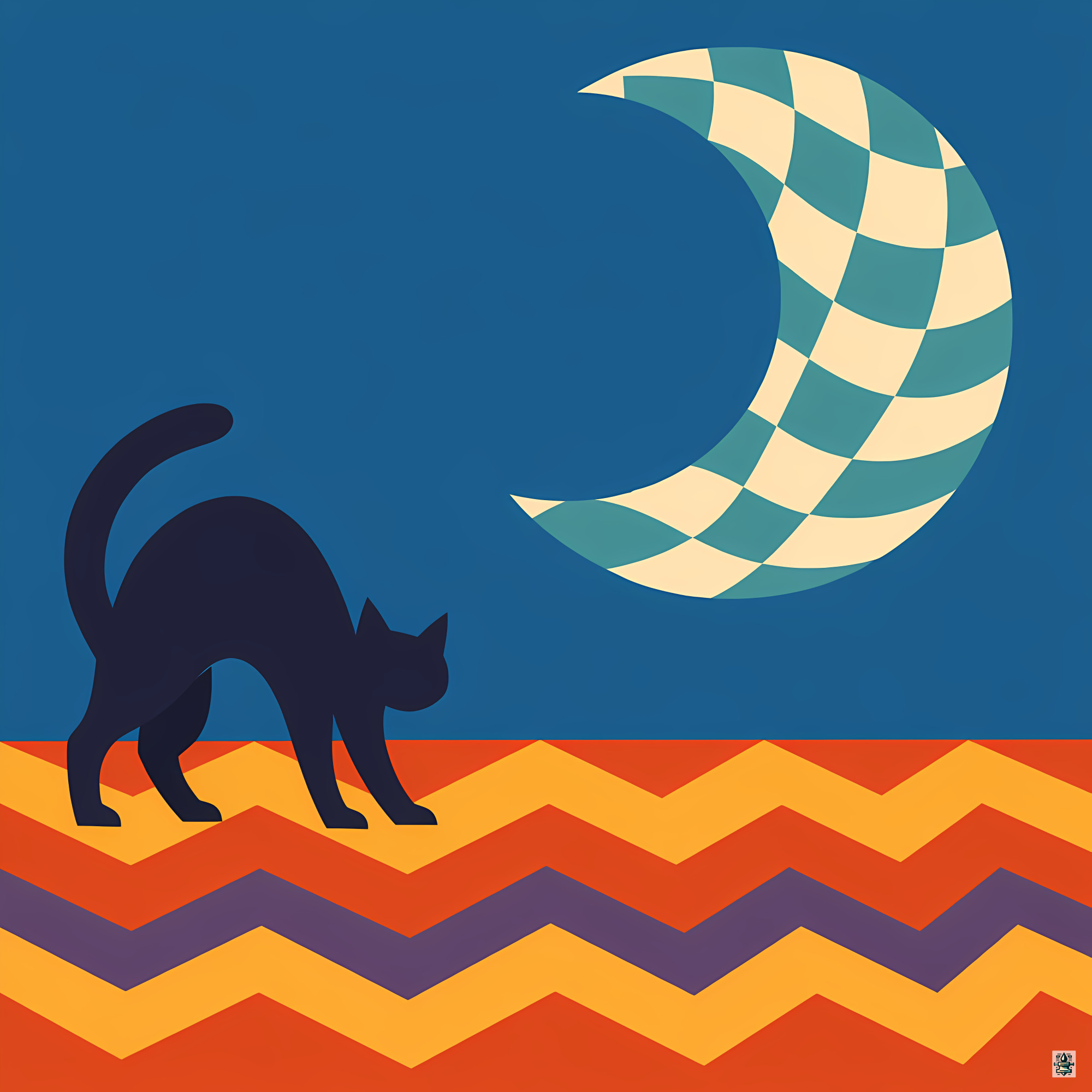 Black Cat Under Checkered Crescent Moon