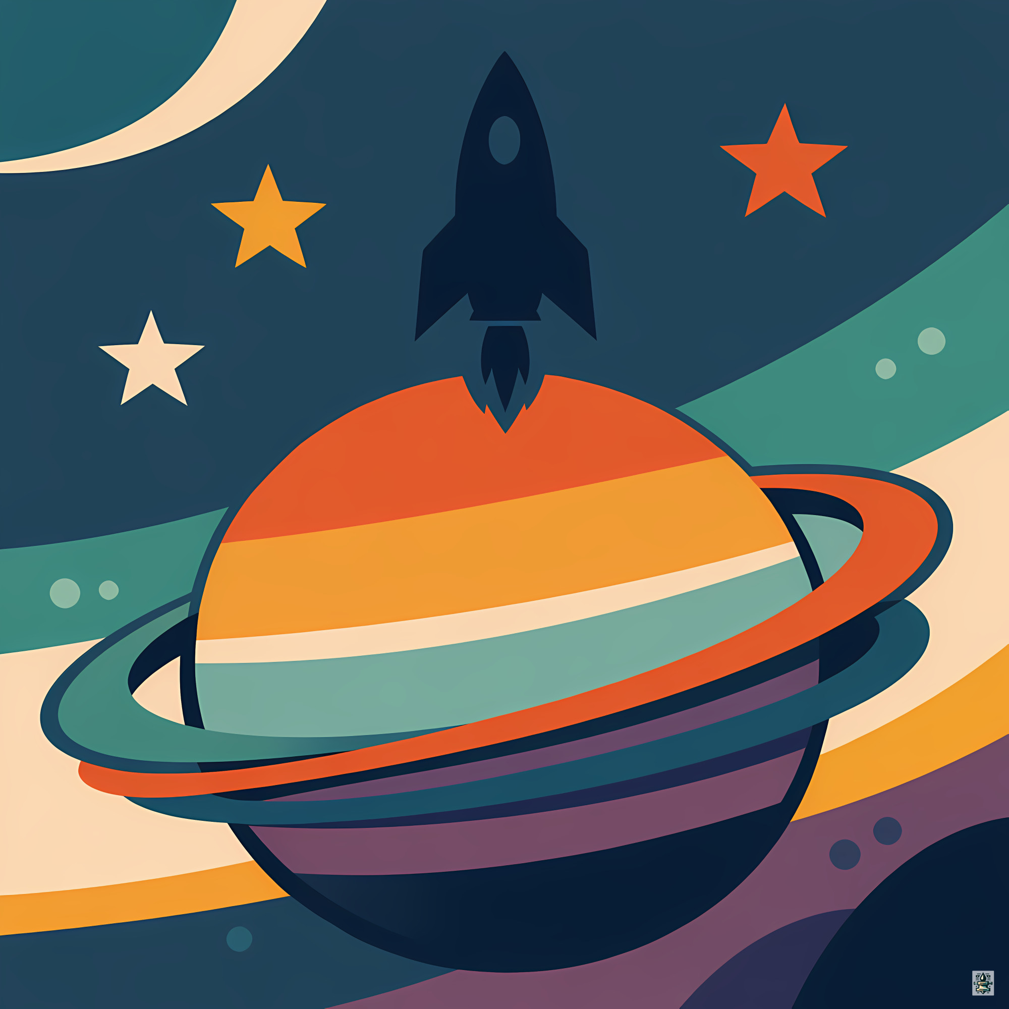 Retro Futuristic Rocket Over Ringed Planet