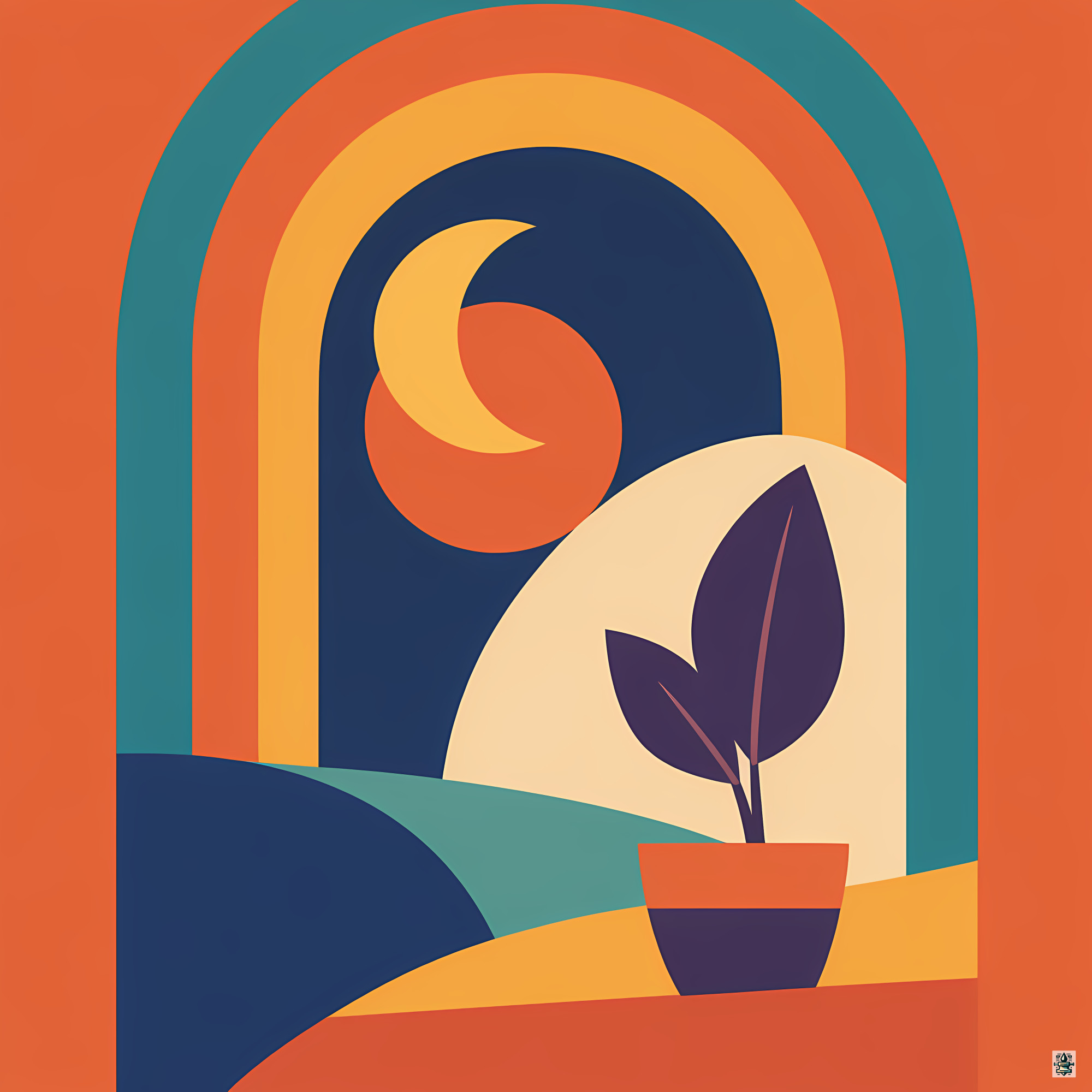 Minimal Arch Plant Scene with Crescent Moon