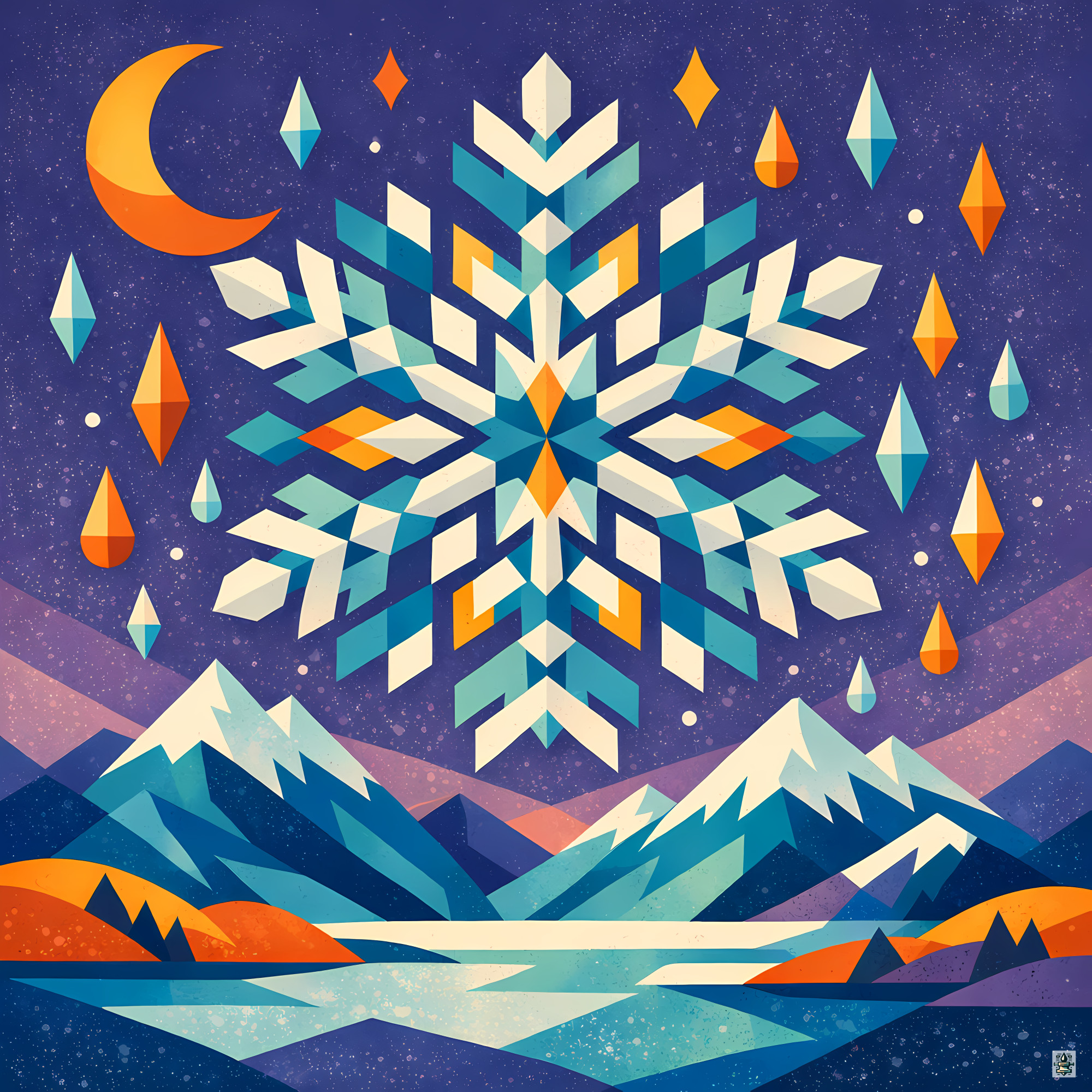 Geometric Snowflake over Alpine Winter Lake