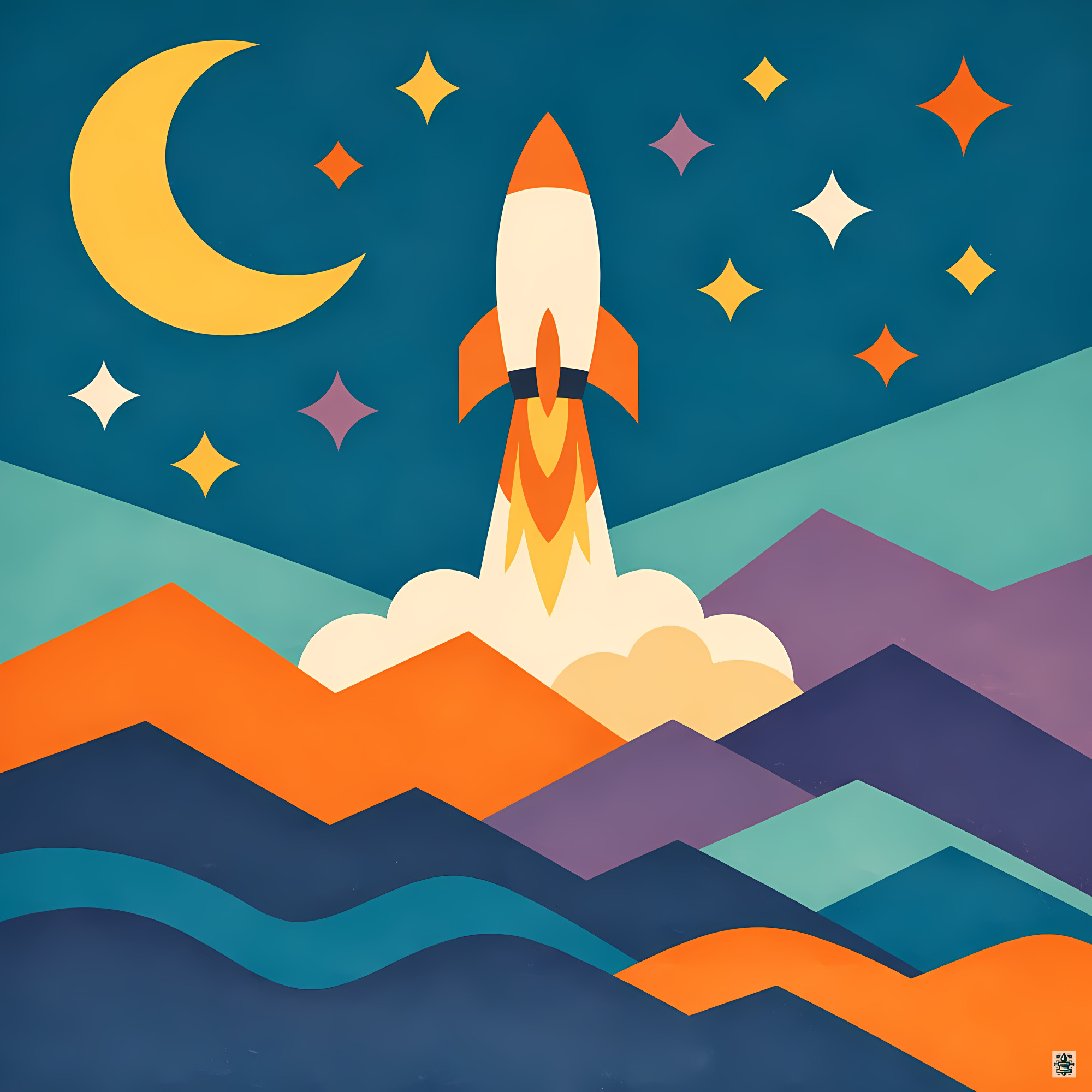 Retro Rocket Launch Over Geometric Mountains