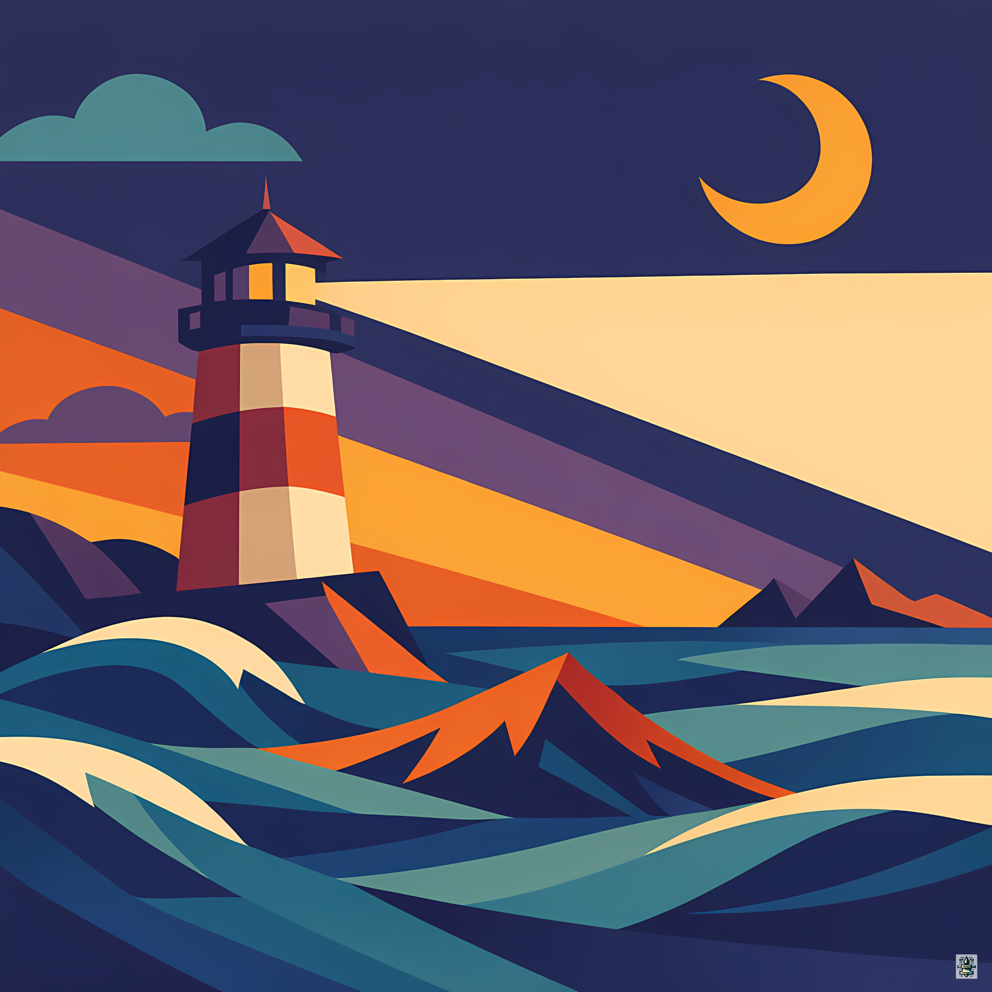 Geometric Lighthouse Under a Crescent Moon