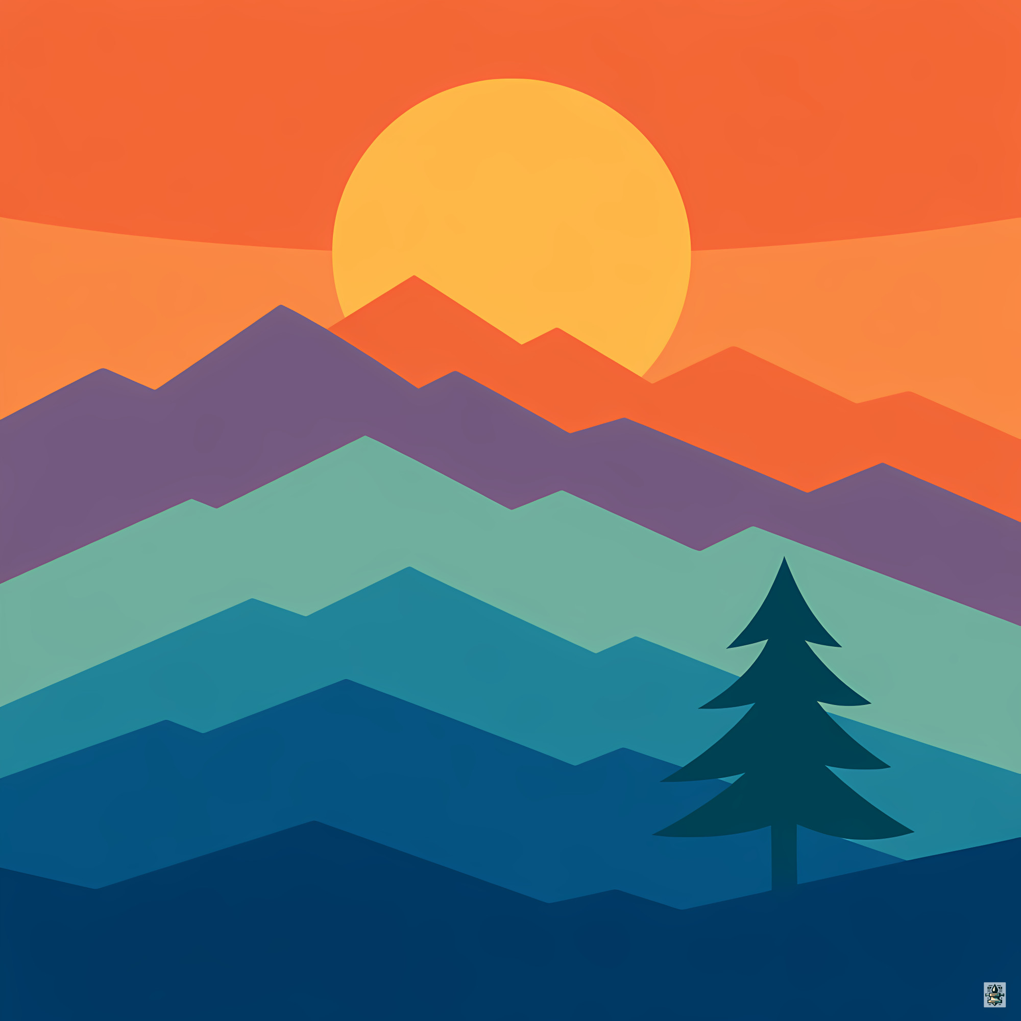 Geometric Mountain Sunset with Pine Silhouette