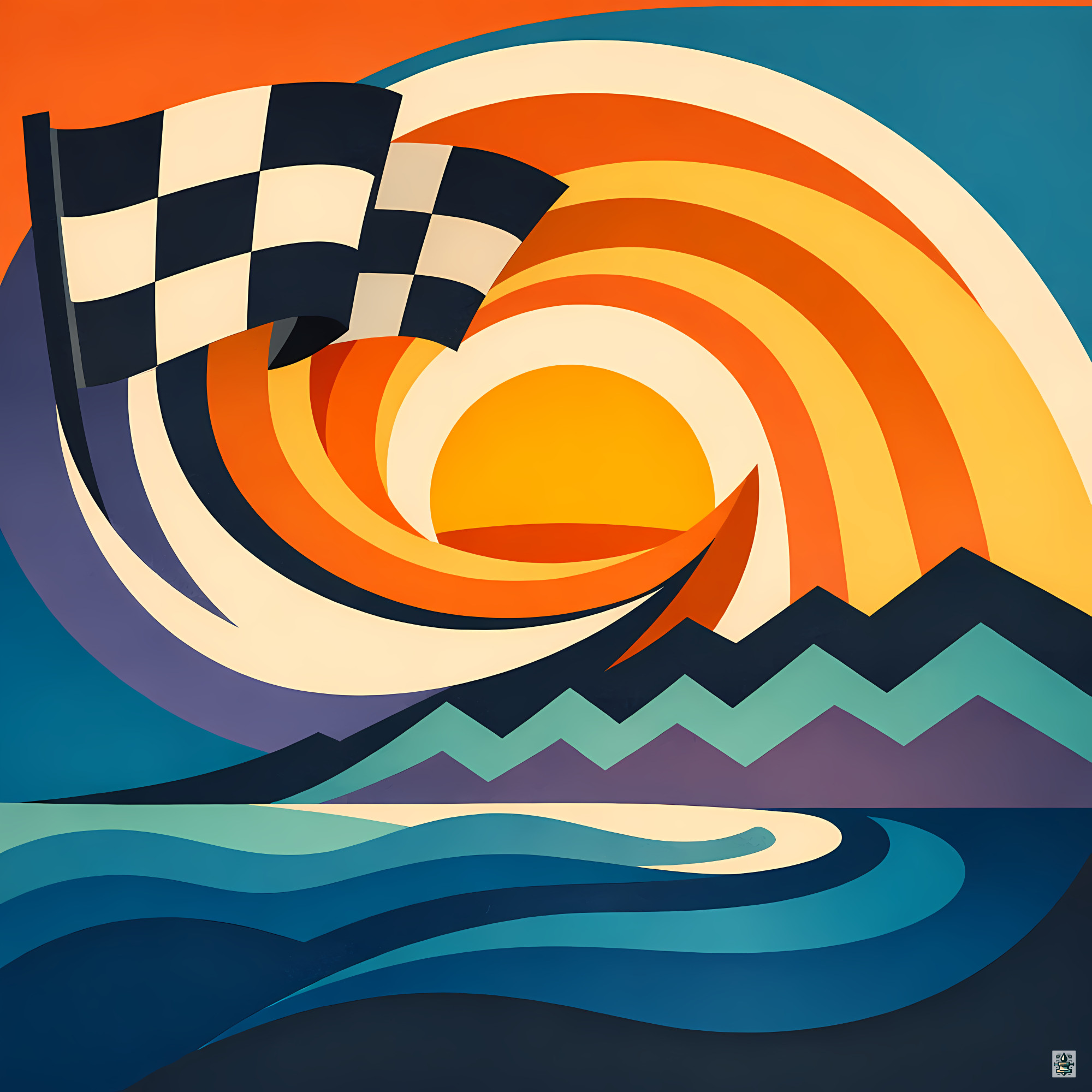 Wavy Checkered Flag Sunset Landscape