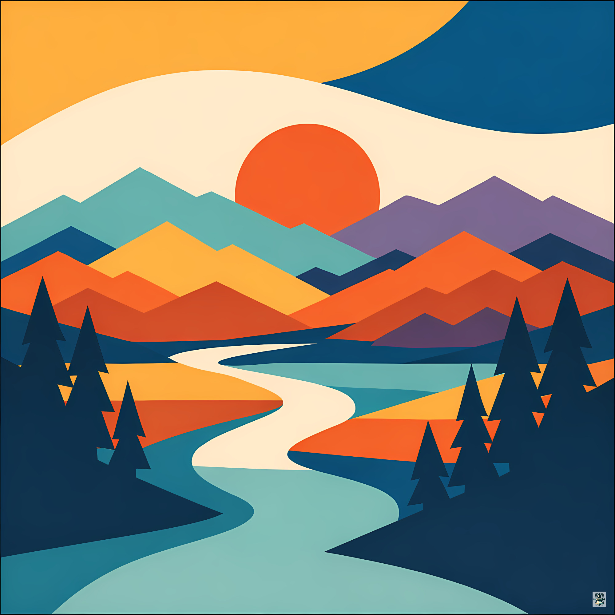 Geometric Mountain River Sunset