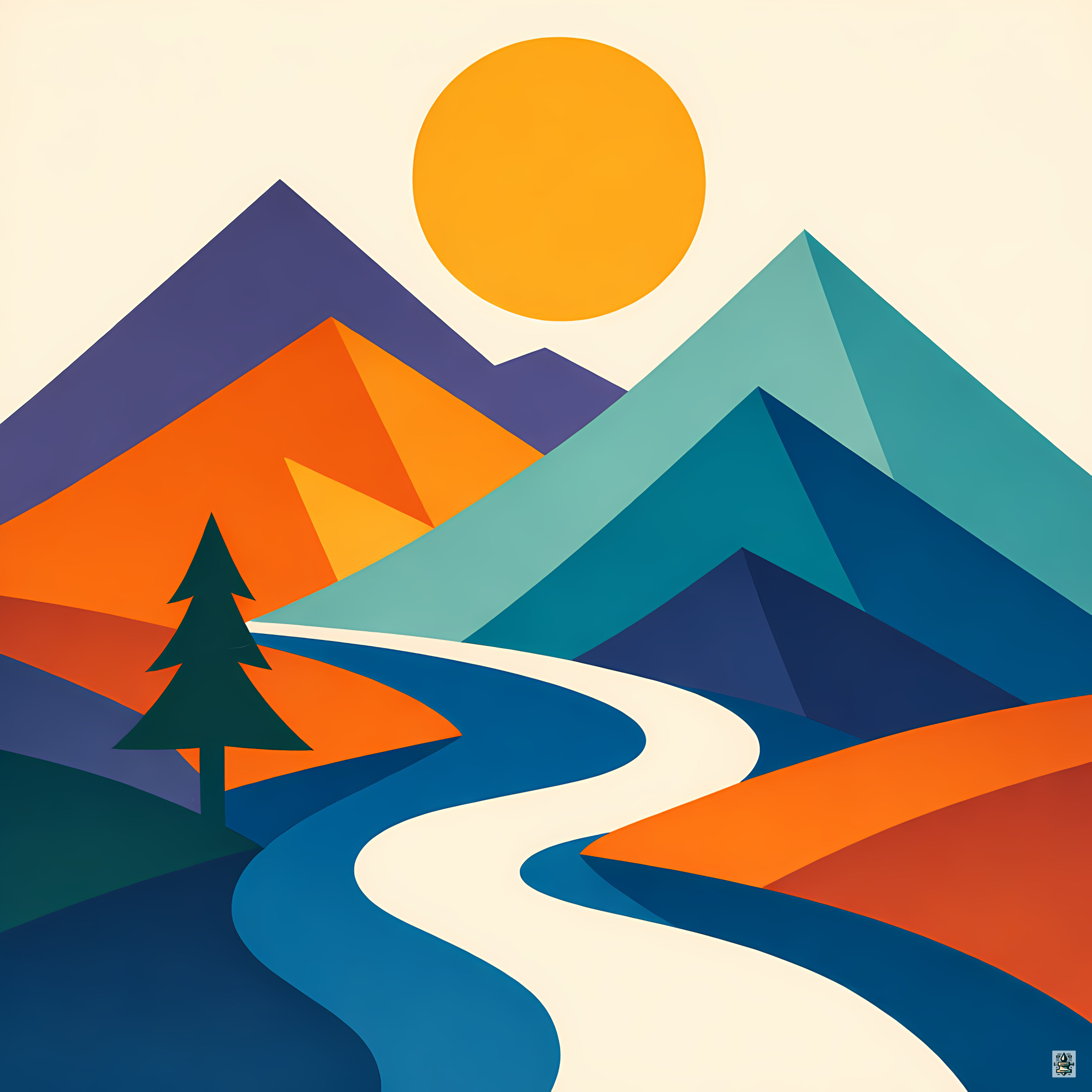 Geometric Mountain River at Sunset