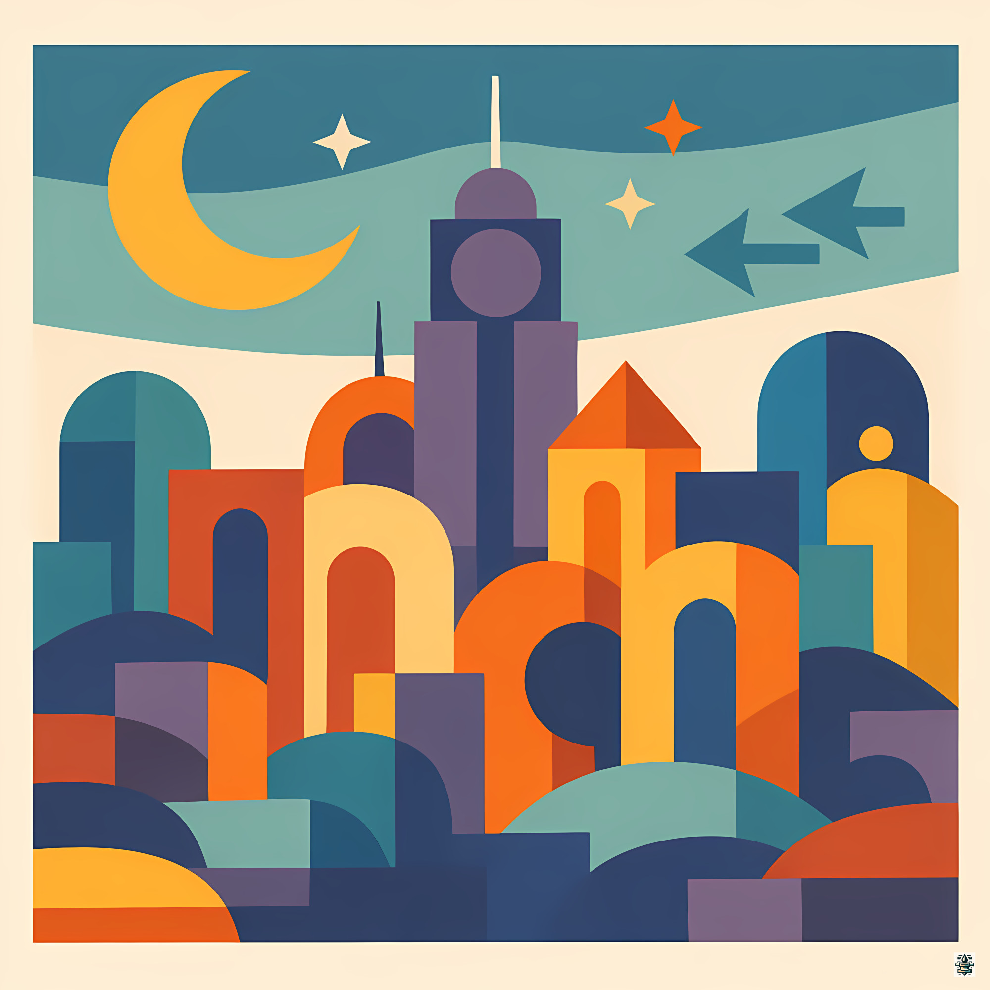 Moonlit Geometric City of Arches and Stars