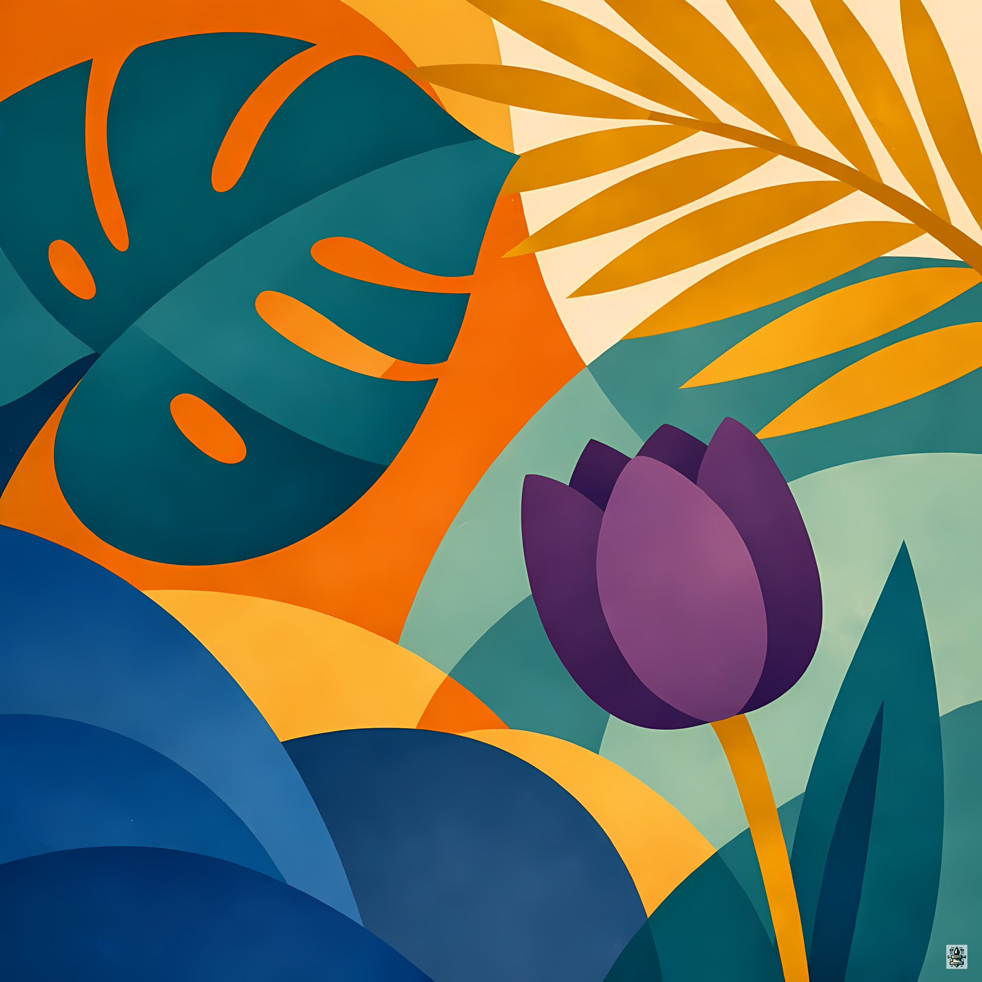 Bold Tropical Botanical Shapes with Purple Bloom
