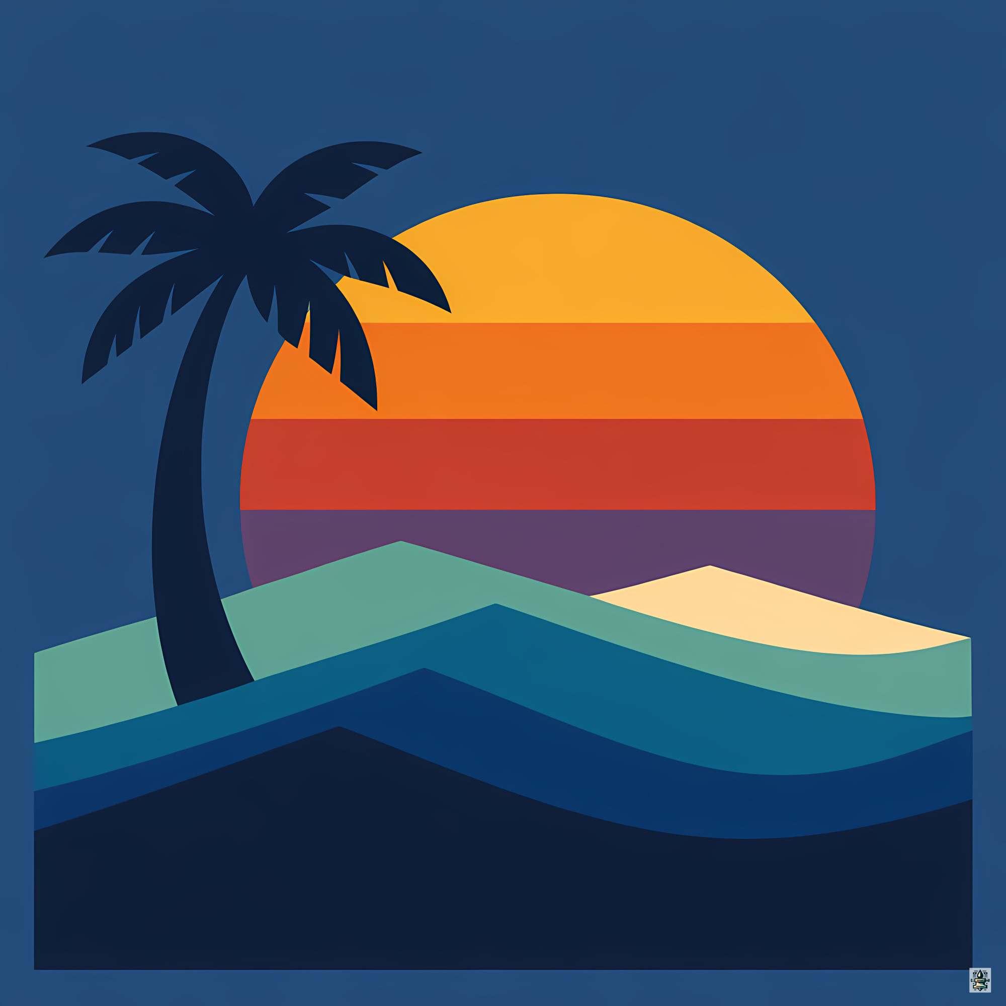 Tropical Palm Sunset Over Retro Waves