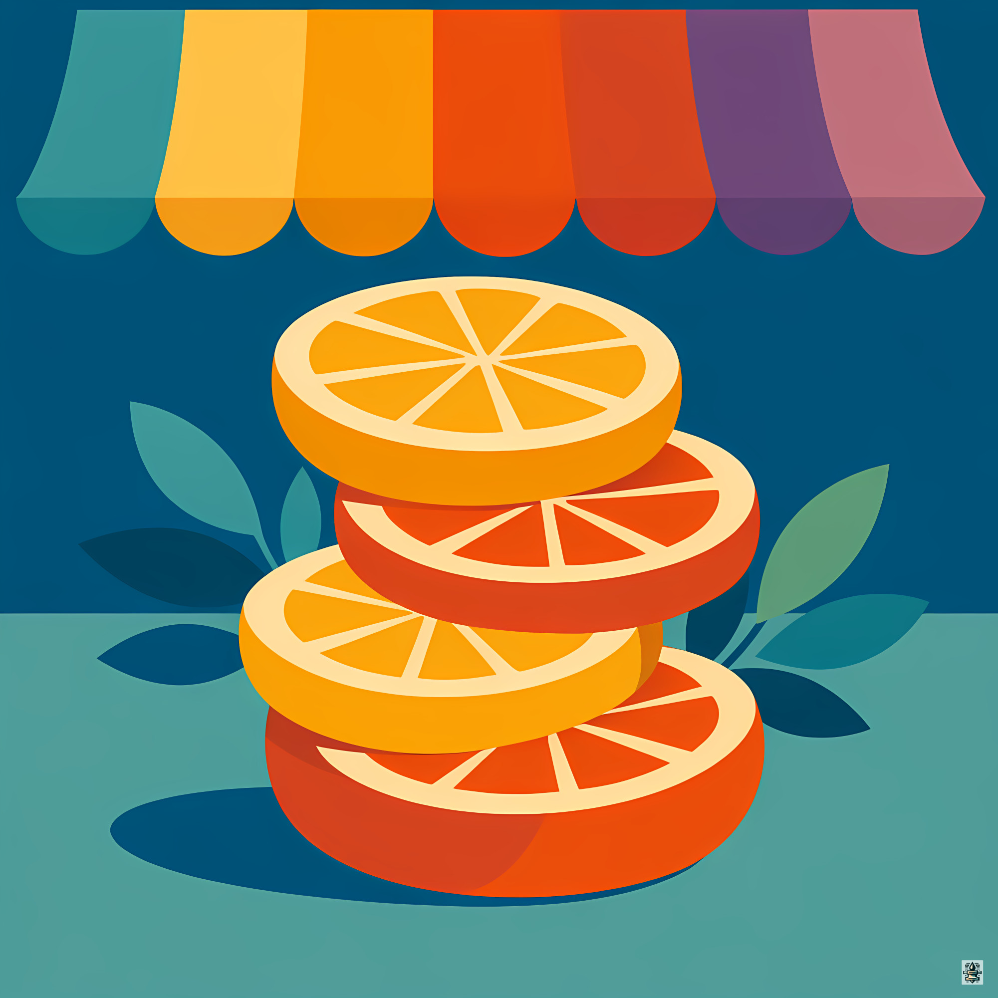 Stacked Citrus Slices Under Colourful Market Awning