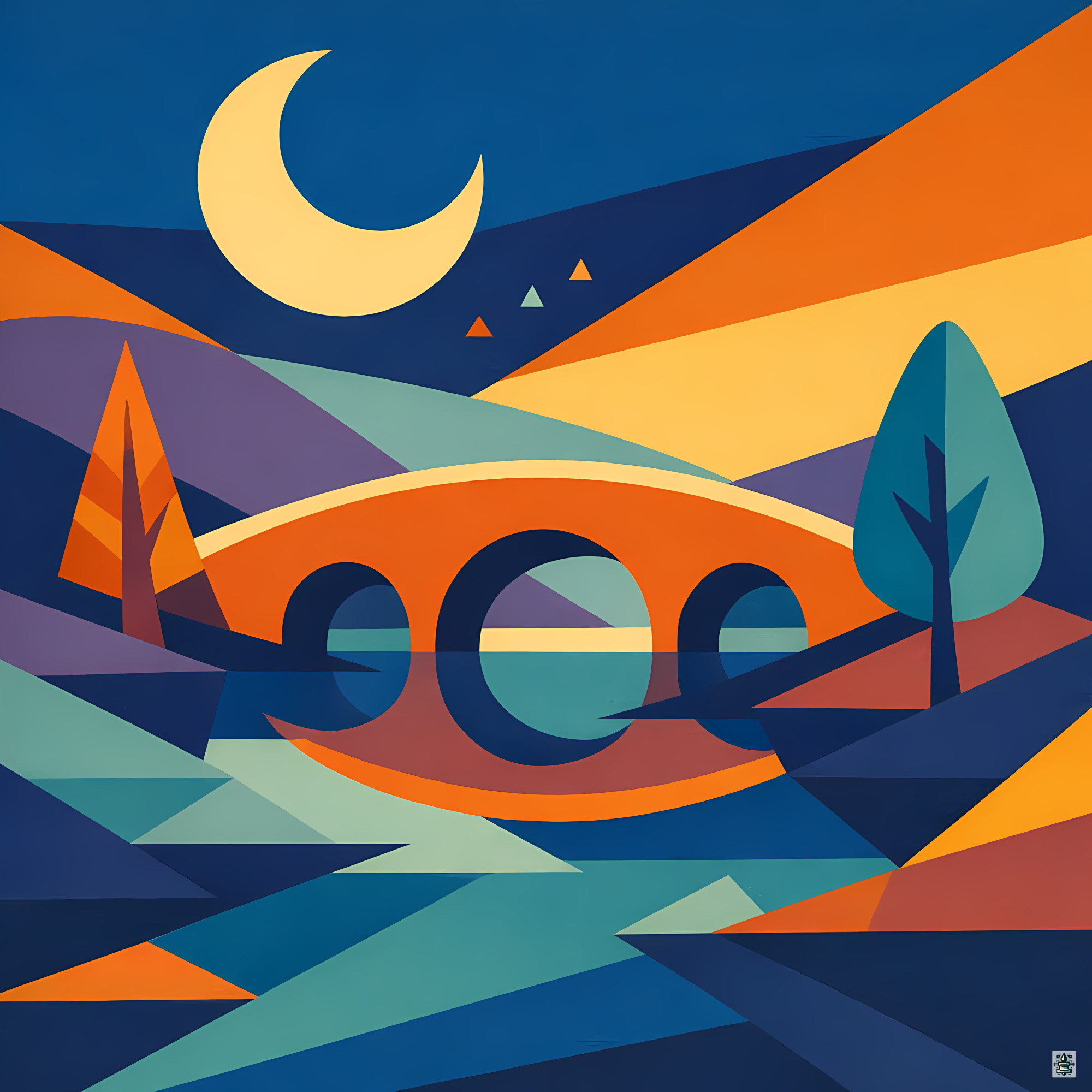 Geometric Crescent Moon Bridge Landscape